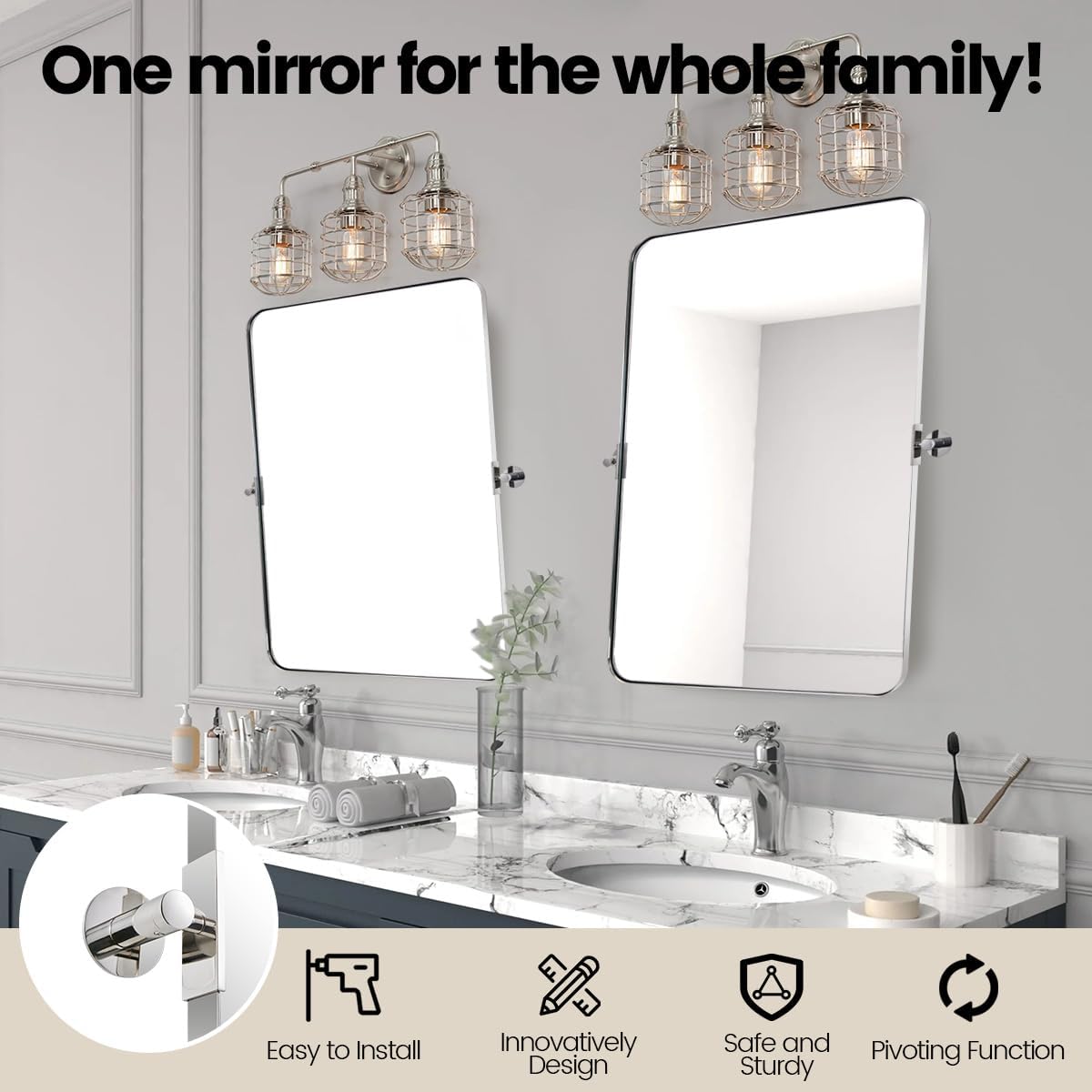 MOON MIRROR Polished Chrome Pivot Mirror for Bathroom, Tilt Bathroom Vanity Mirror,Rounded Rectangle Pivoting Mirror, Overall 24.33 x 30 in (Mirror 20x 30 in)