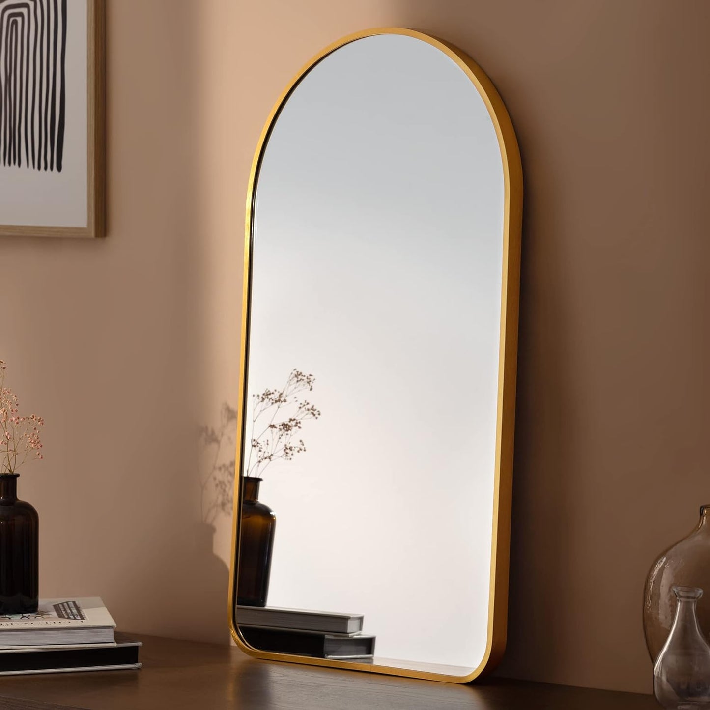 Navaris Arched Wall Mirror - Golden Arch Framed Mirror - 17.7"x31.5" Wall-Mounted Mirror with Gold Aluminum Alloy Frame for Living Room Bathroom Hall