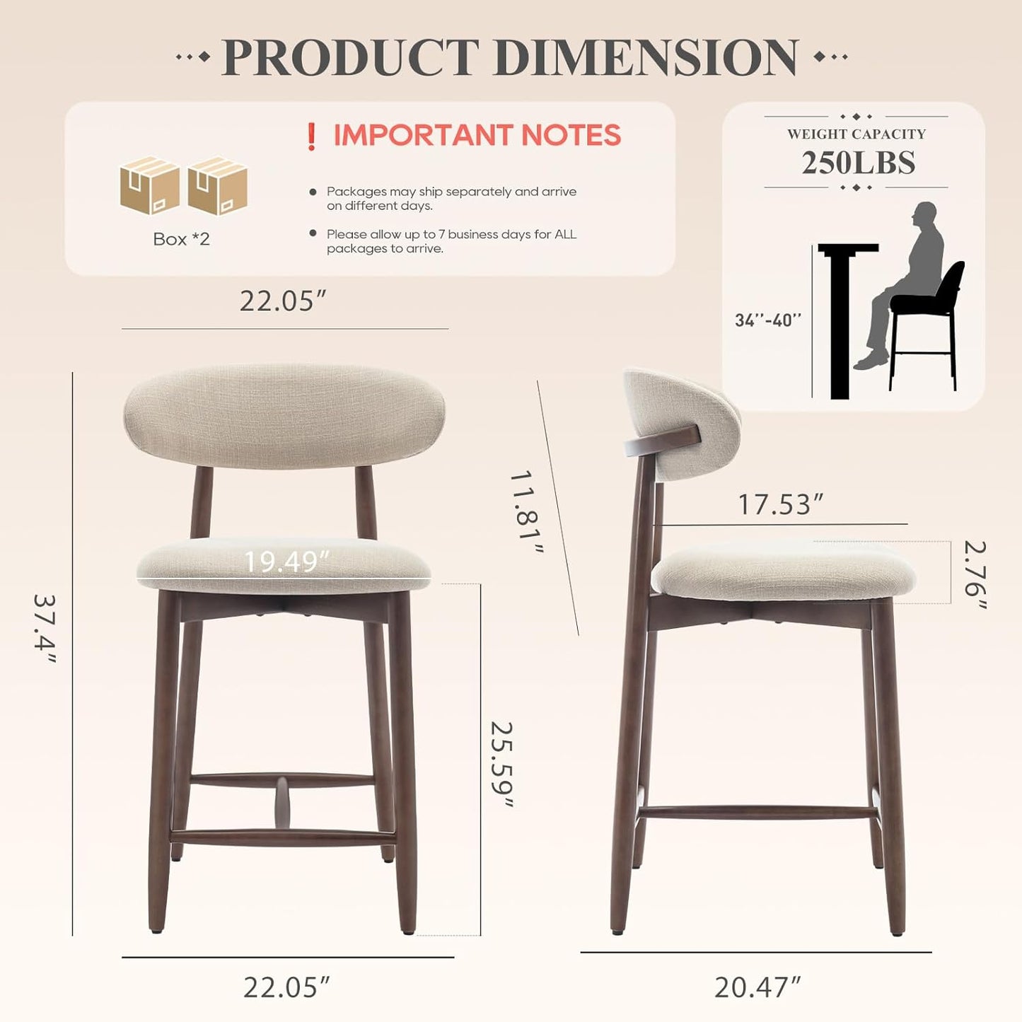 COLAMY Counter Height Bar Stools Set of 4, Kitchen Bar Stools with Back, Mid Century Modern Upholstered Bar Stools with Wood Legs for Kitchen Island Dining Room Bar, Beige