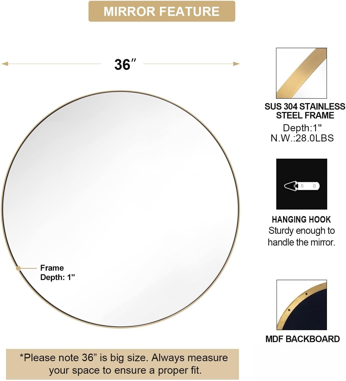 ANDY STAR Gold Round Mirror, 36’’ Brushed Gold Circle Bathroom Mirrors in Stainless Steel Metal Frame 1" Deep Set Design