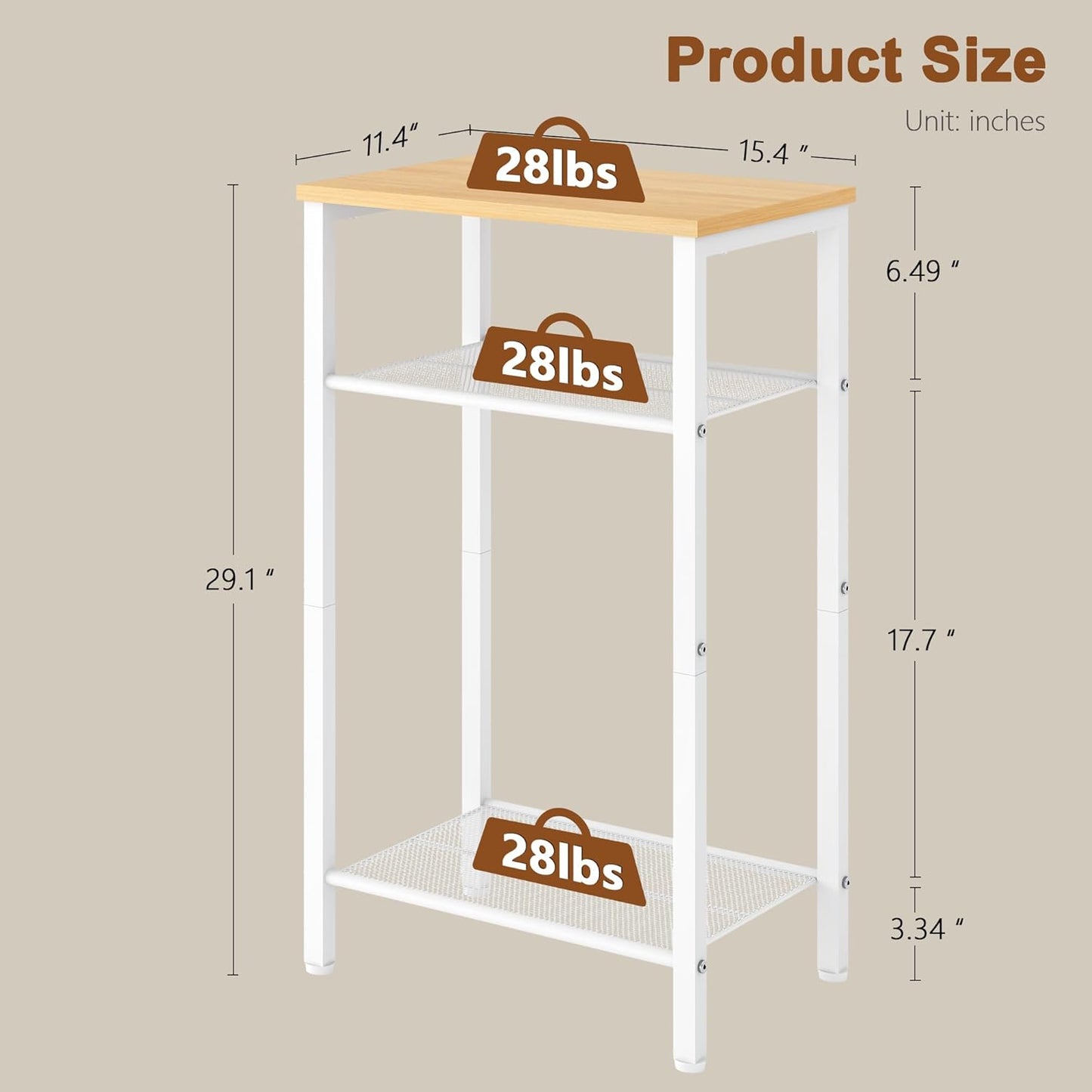 Hoctieon 3 Tier End Table, Telephone Table, Narrow Side Table with Storage, Nightstand for Small Spaces, Metal Frame, for Living Room, Bedroom, Sofa Couch, Hall, Easy Assembly, White and Yellow Oak