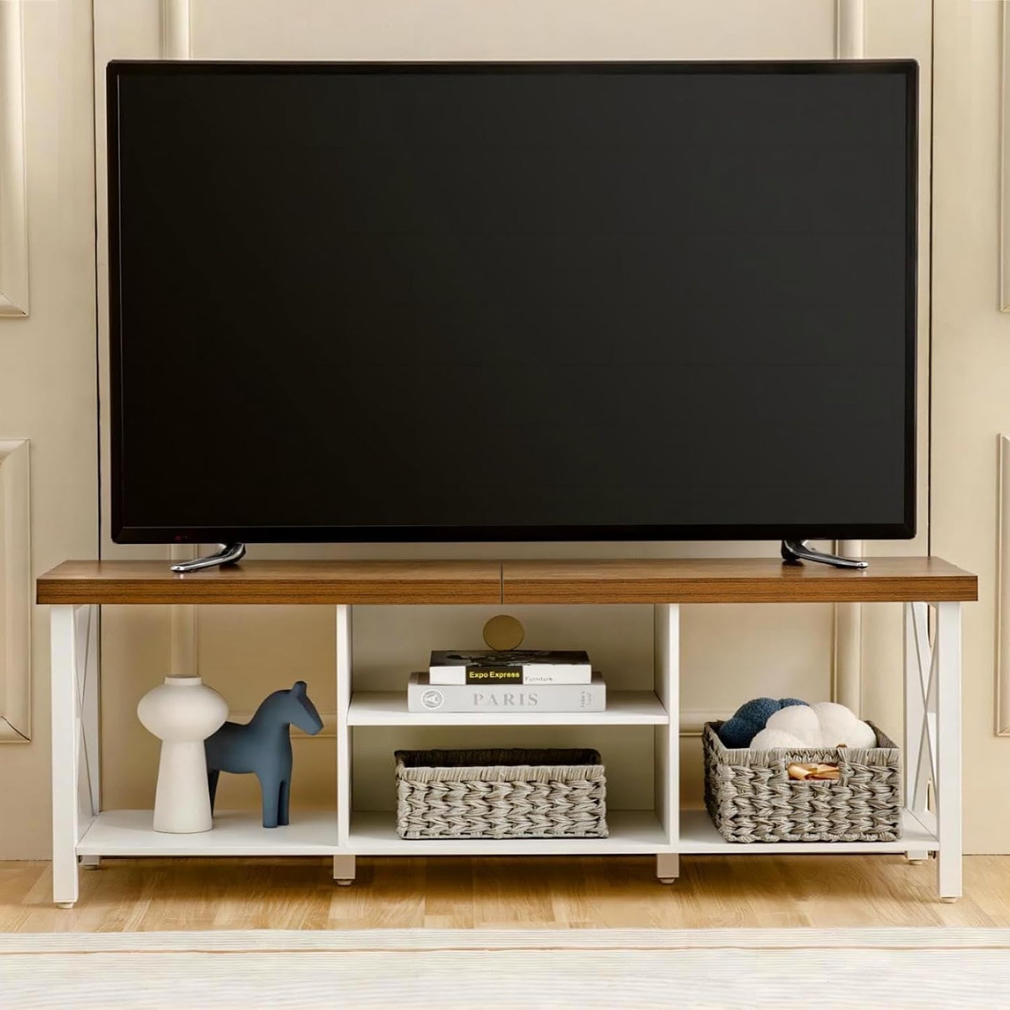 GAZHOME TV Stand for TV up to 65 Inches, TV Cabinet with Open Storage, TV Console Unit with Shelving for Living Room, Entertainment Room, White