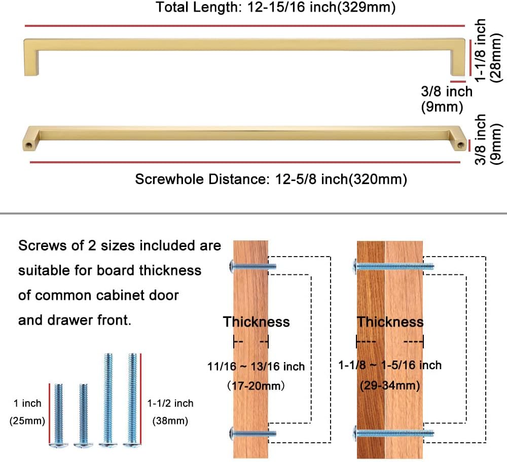 KOOFIZO Solid Square Bar Cabinet Handle - Brushed Gold Furniture Pull, 12.6 Inch/320mm Screwhole Distance, 1-Piece for Kitchen Cupboard Door, Bedroom Dresser Drawer, Bathroom Wardrobe Hardware