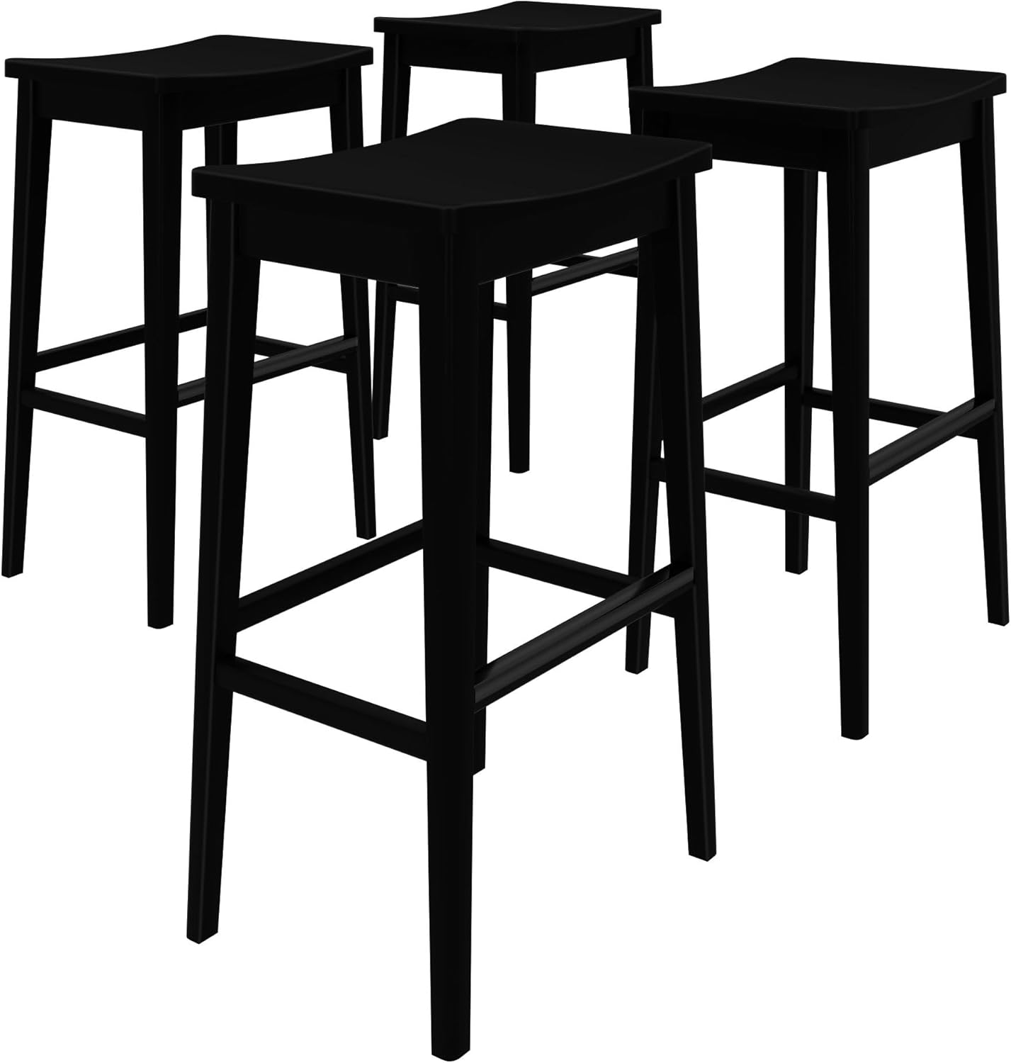 Plank+Beam Smythe Bar Stool, 30", Set of 4, Sturdy Wood Modern Kitchen Bar Height Stool, Saddle Seat Backless Bar Chair, Metal Footrest, Black