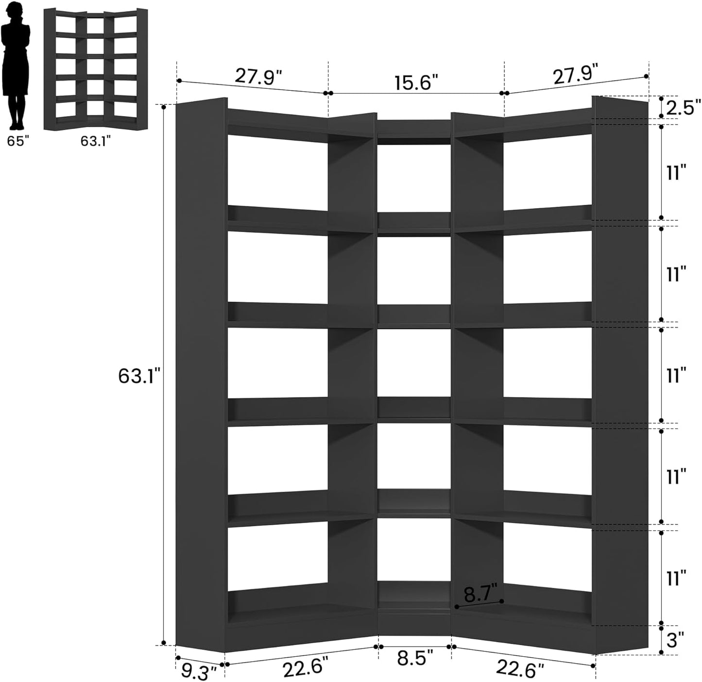 6 Tiers Corner Bookshelf, 63.1" Tall Modern Corner Etagere Bookcase Storage Display Rack Book Shelf with Baffle, Industrial L Shaped Bookshelves for Bedroom, Home Office, Living Room, Black