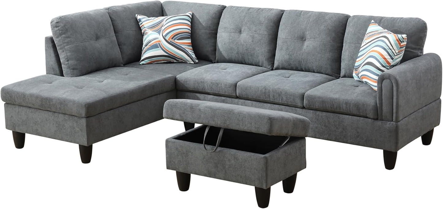 L Shaped Couch Modern Sectional Couch Upholstered Fluffy Fabric 3 Pieces Sofas for Living Room with Chaise, Storage Ottoman for Office and Small Apartment, Dark Grey