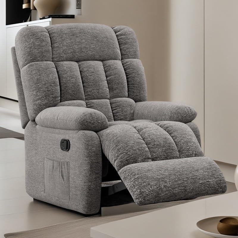 Oversized Recliner Chair, Adjustable Recliner with Side Pockets, Living Room Reclining Lounge Chair for Adults, Small Spaces Comfy Sofa with Theater Seating for Bedroom, Gray