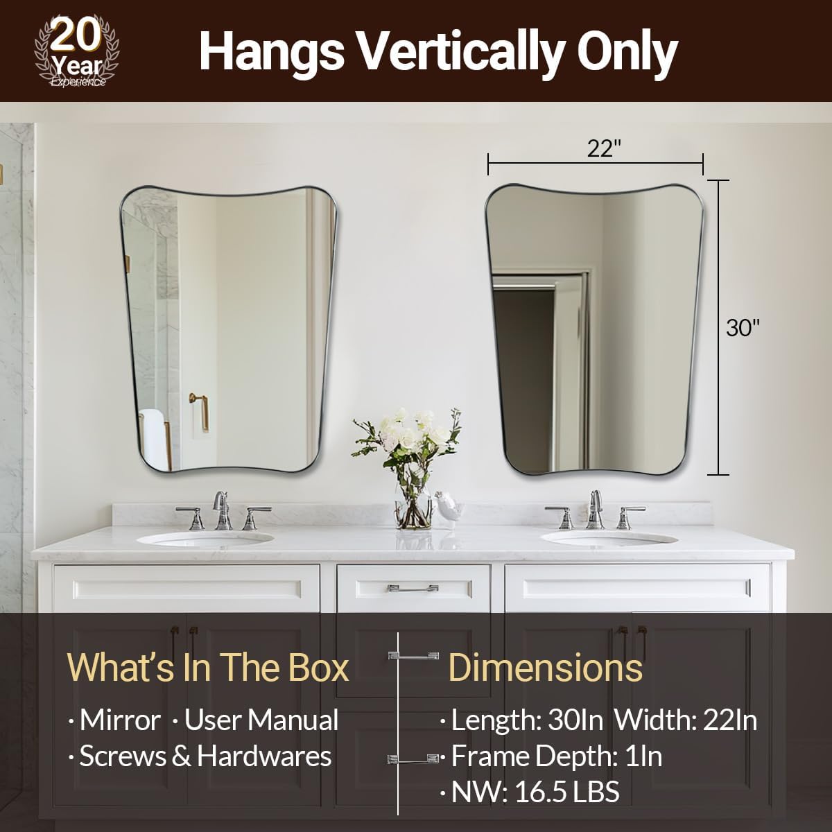 ANDY STAR Brushed Nickel Bathroom Mirror, 22x30 Silver Metal Framed Mirrors for Bathroom, Irregular Wall Mirror in Anti-Rust Stainless Steel Frame, Unique Shape Frame Ideal for Home Remodel