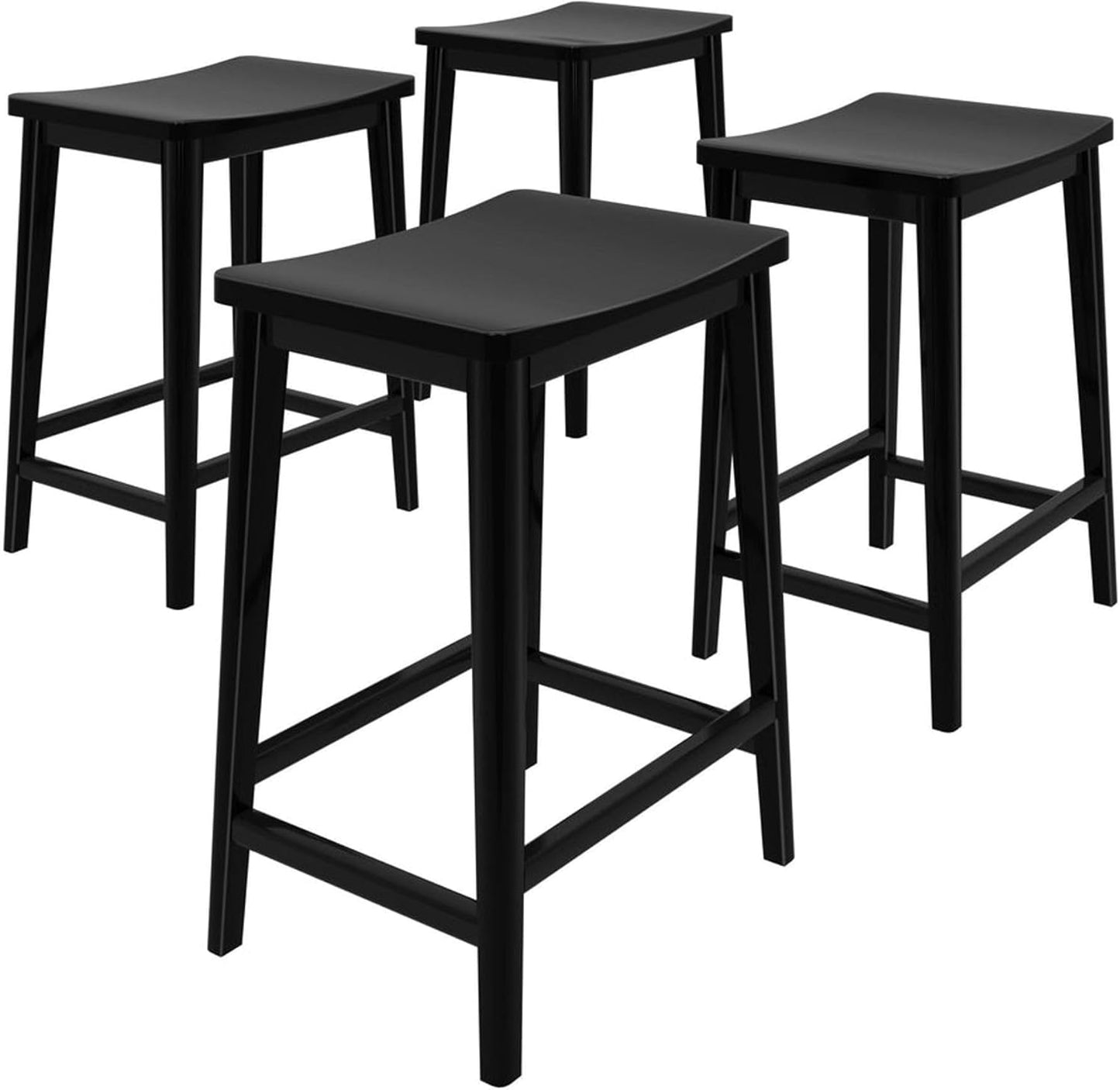Plank+Beam Smythe Counter Stool, 24", Set of 4, Sturdy Wood Modern Kitchen Counter Height Stool, Saddle Seat Backless Counter Chair, Metal Footrest, Black