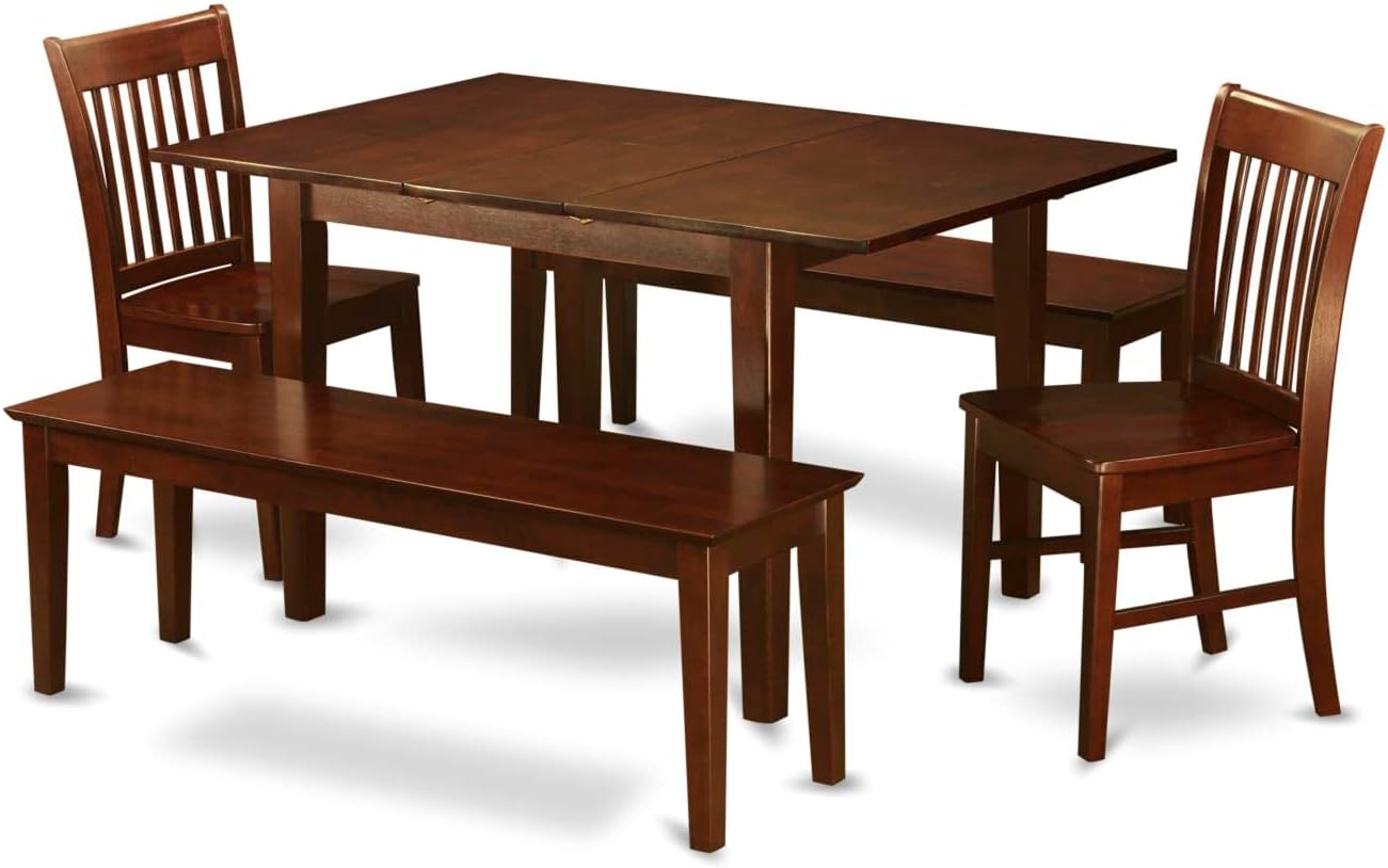 East West Furniture PSNO5C-MAH-W 5 Piece Kitchen Table & Chairs Set Includes a Rectangle Dining Table with Butterfly Leaf and 2 Dining Room Chairs with 2 Benches, 32x60 Inch, Mahogany