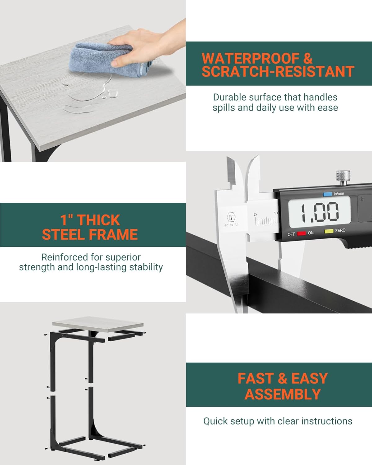 C-Shaped Side Table for Couch - Small Coffee Stand Sofa Tray Desk with Metal Frame and Waterproof Scratch Resistant, Modern End Accent for Living Room, Bedroom, Set of 2, Greige