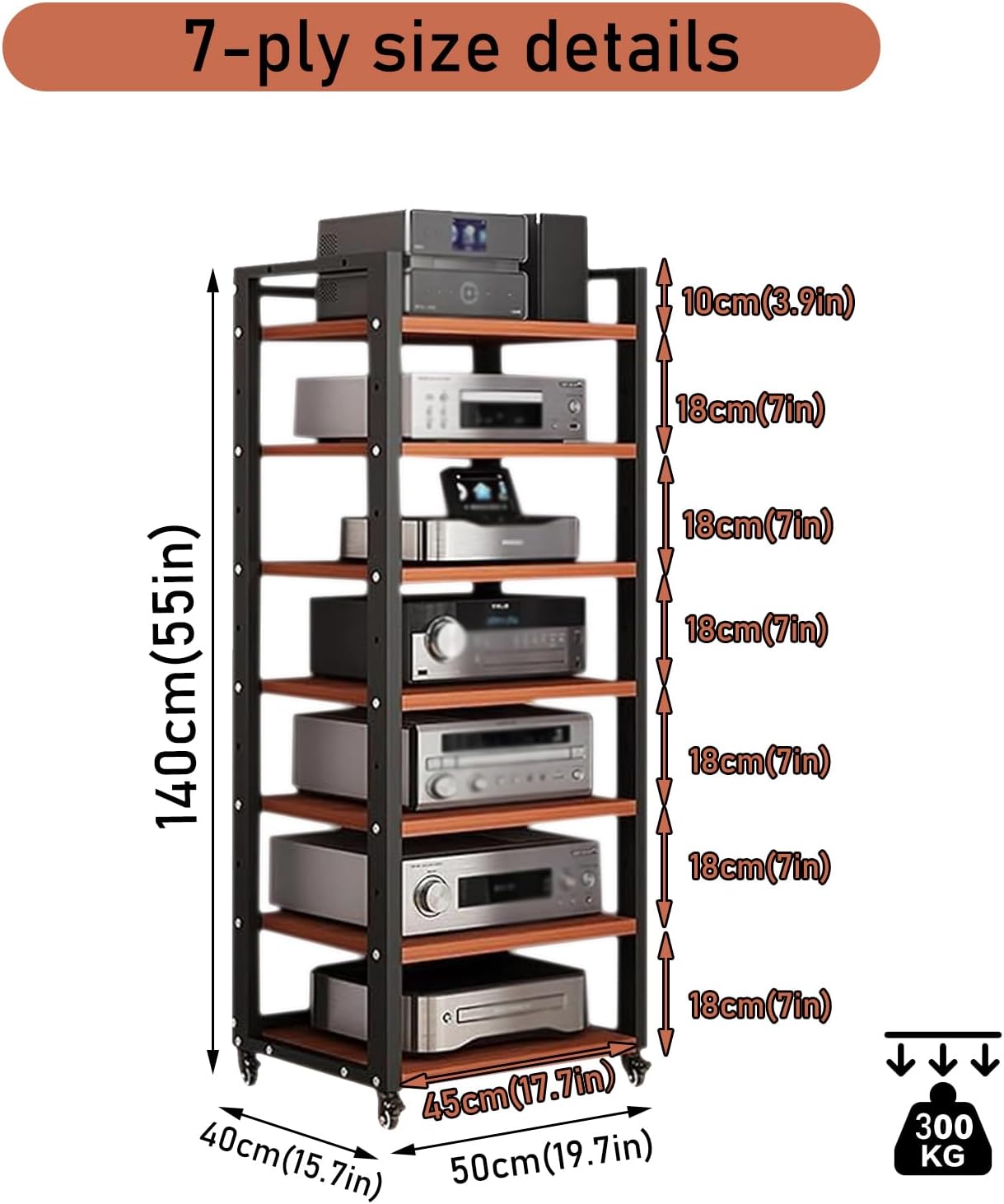 7 Tier Audio Rack Tower, CD Record Player Stereo Receiver AV Equipment Cabinet Display Rack, Weight capacity 661 lbs, with Adjustable Wooden Shelves for Home (TEAKWOOD, 7 TIER 55×19.7×15.7IN)