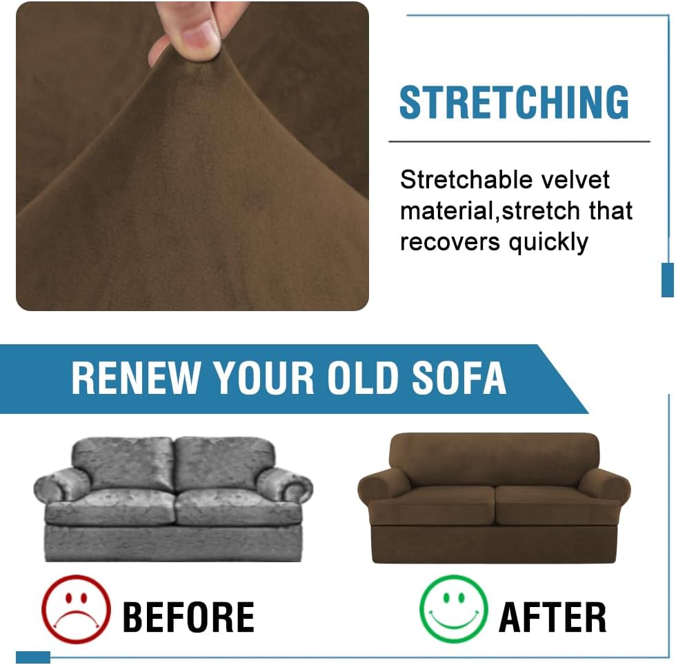 H.VERSAILTEX Sofa Cover 3 Piece T Cushion Loveseat Slipcovers Thick Velvet Couch Cover Stretch T Cushion Sofa Covers for 2 Cushion Couch with 2 Individual T Cushion Covers, Bronze Brown