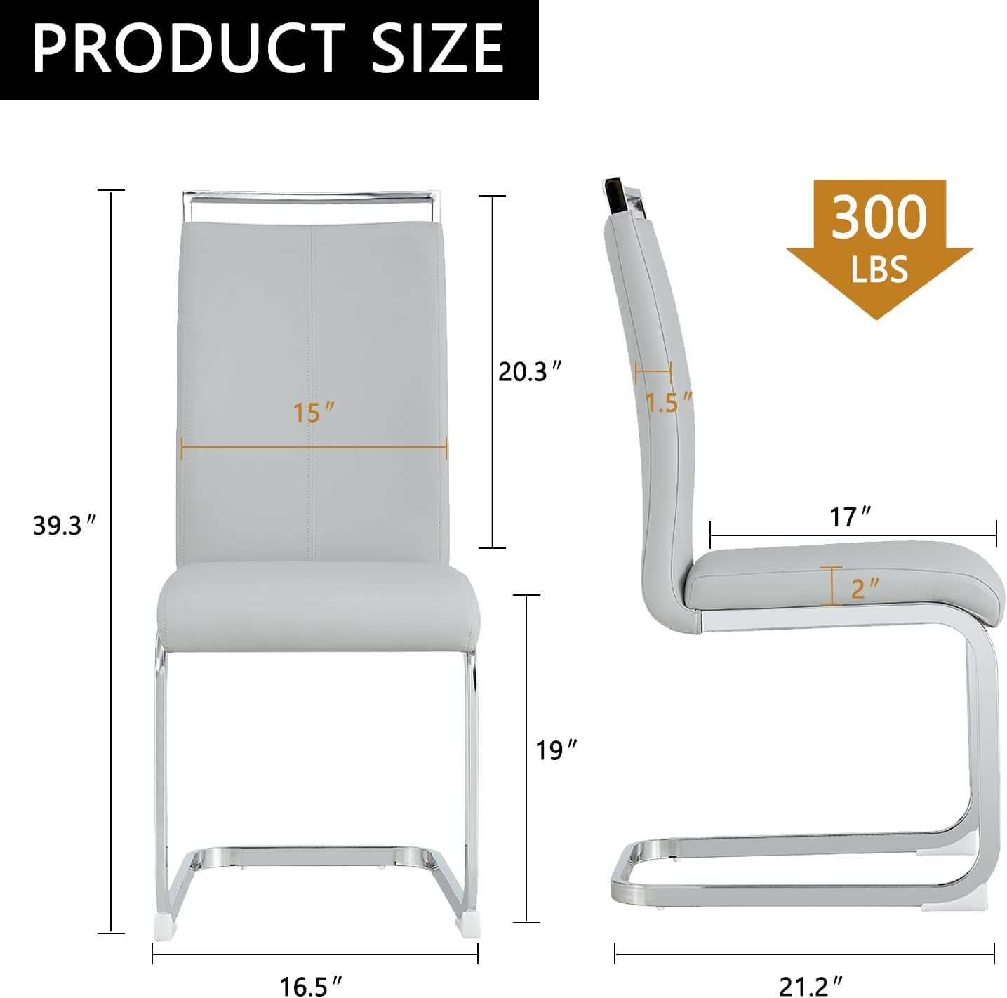 Dining Chairs Set, Kitchen Modern Metal Chairs with Faux Leather Padded Seat High Back and Sturdy Chrome Legs, Chairs for Dining Room (Light Gray, Set of 2)