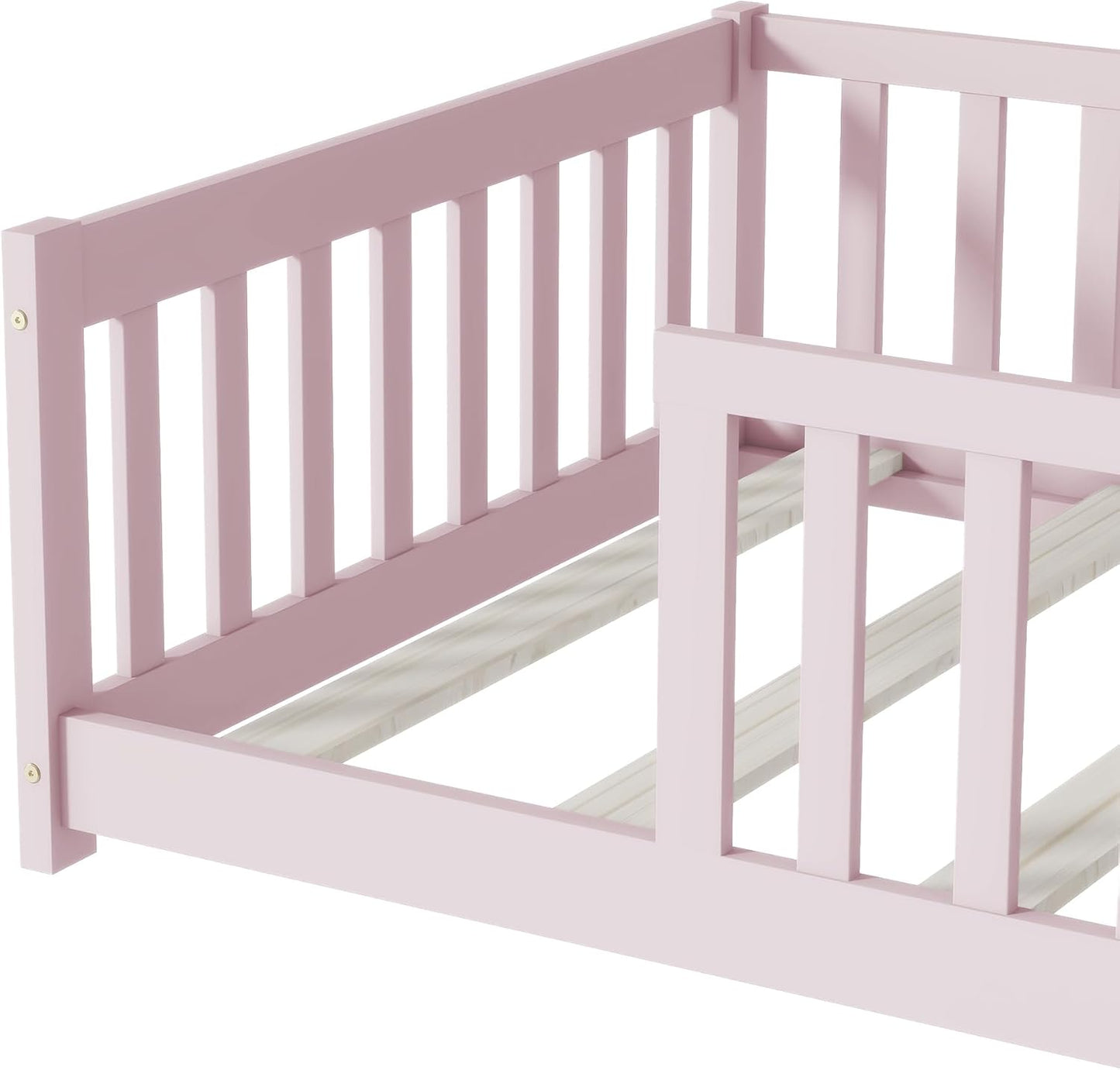 Bellemave Twin Floor Bed with Slats and Safety Guardrails, Kids Montessori Floor Beds with Fence and Without Door, Easy Assemble Floor Bed for Kids, Girls, Boys, Pink
