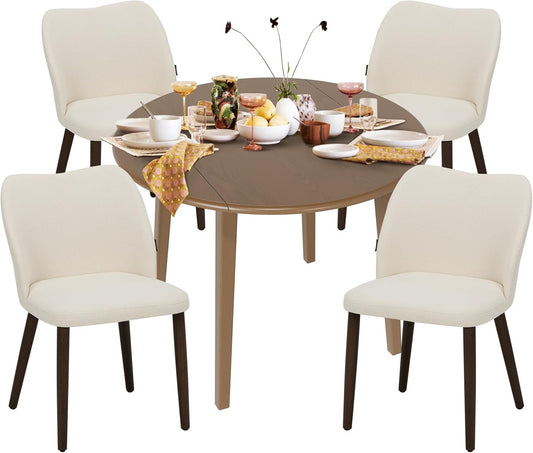 COLAMY 5-Piece Extendable Dining Table Set for 4, 36" Kitchen Round Wood Table with 4 Wooden Dining Room Chairs,Light Brown/Beige