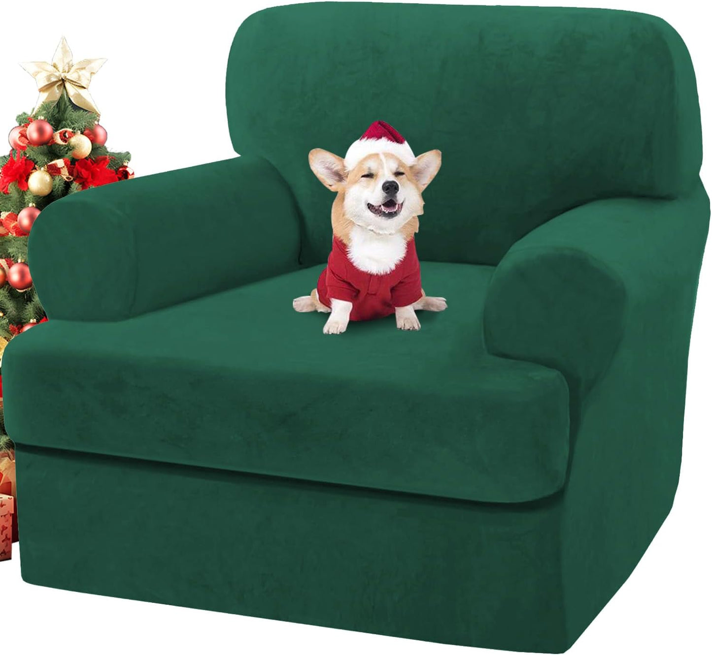 H.VERSAILTEX Sofa Cover 2 Piece T Cushion Armchair Slipcovers Thick Velvet Couch Cover Stretch T Cushion Sofa Covers for 1 Cushion Couch with 1 Individual T Cushion Covers, Vintage Green