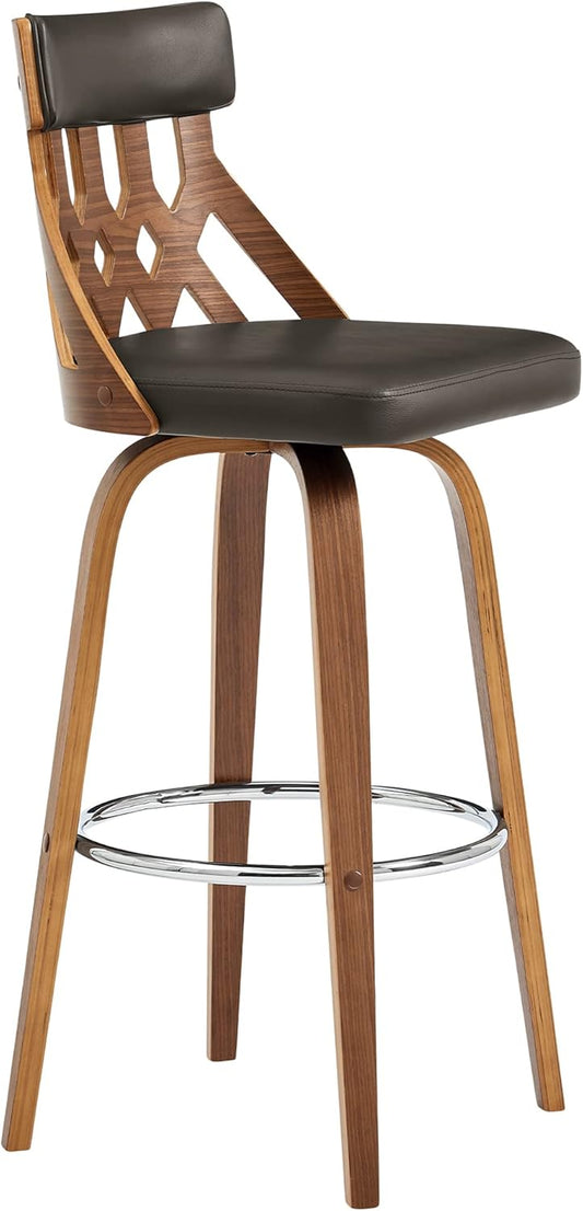 Armen Living Crux Mid Century Modern Swivel Bar Stool for Kitchen Island Counter in Brown Faux Leather and Walnut Wood, 26" Seat Height