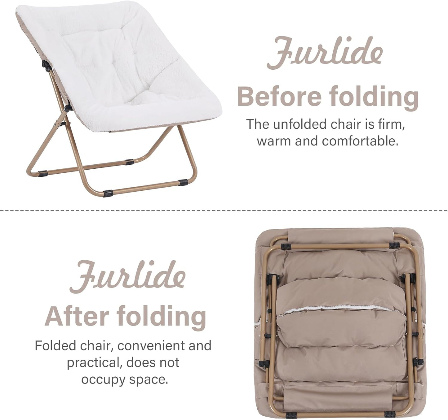 Saucer Chair, Comfy Bedroom Chairs, Oversized Folding Faux Fur Chair, Foldable Metal Frame Chair for Bedroom, Study, Playroom (White)