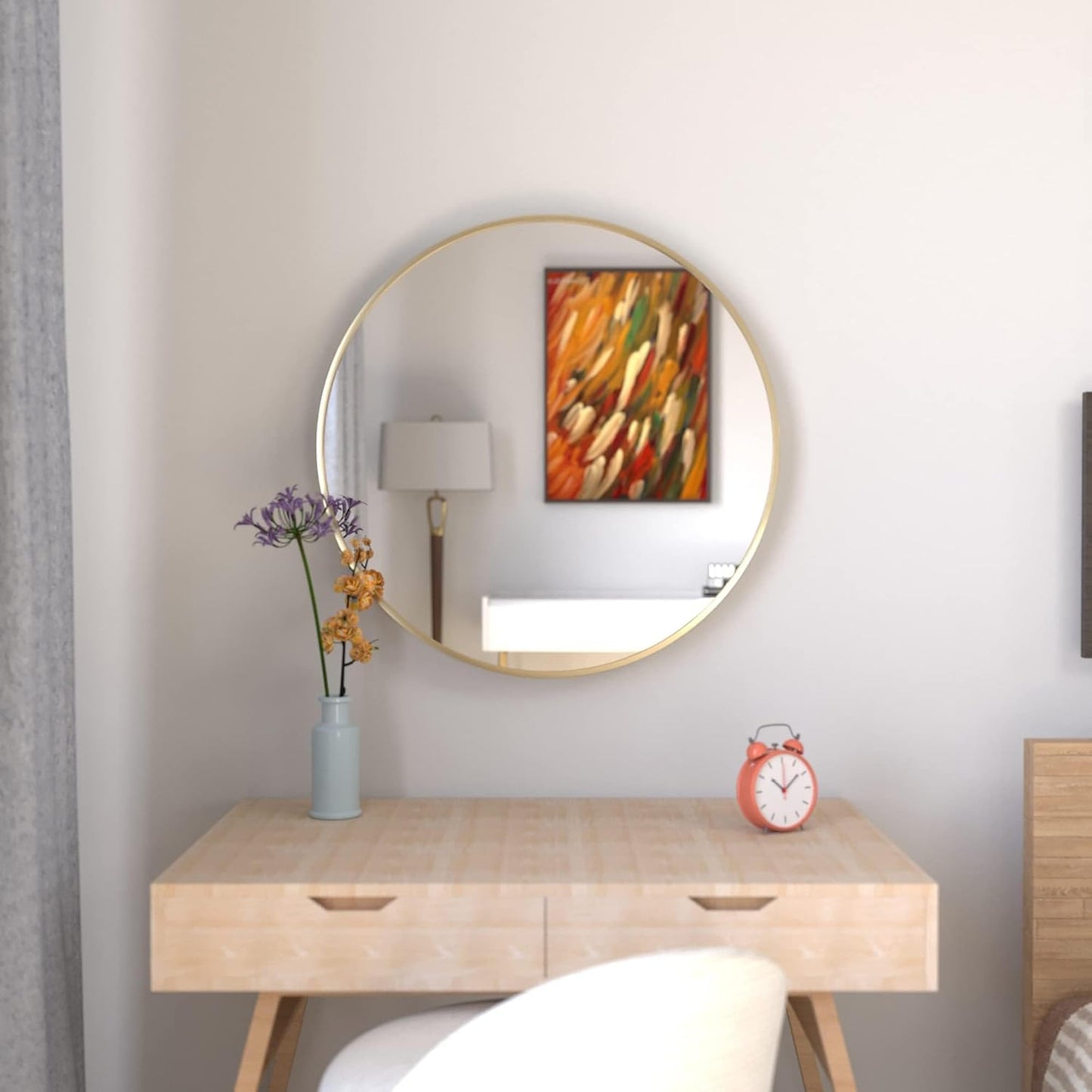 28 inch Gold Circle Wall Mirror, Brushed Brass Golden Metal Framed Round Mirror for Bathroom Vanity, Bedroom Decor, Living Room, Entryway