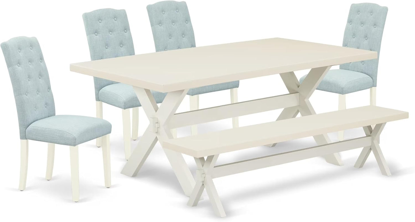 East West Furniture X027CE215-6 6 Piece Dining Room Set Contains a Rectangle Dining Table with X-Legs and 4 Baby Blue Linen Fabric Parson Chairs with a Bench, 40x72 Inch, Multi-Color