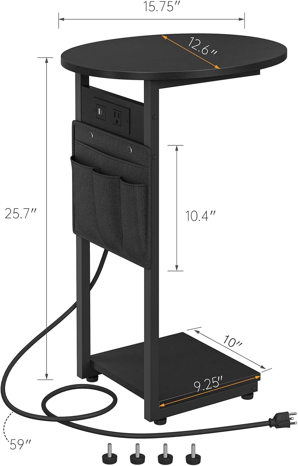 Vagusicc C Shaped End Table with Charging Station, Small Side Table for Couch, TV Tray Slide Under Sofa Table for Living Room Bedroom, Round Couch Side Table C Table for Sofa, Black