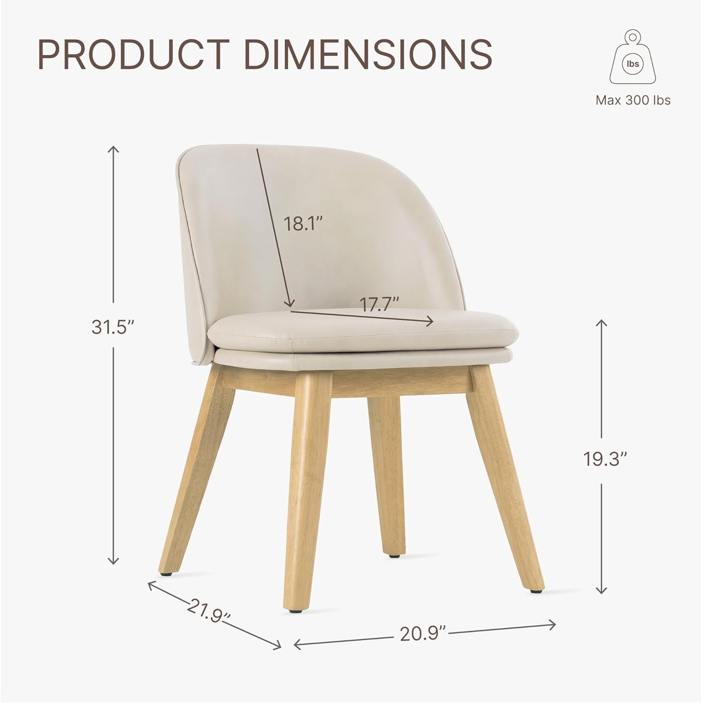 Wooden Dining Chairs Set of 2, Faux Leather Upholstered Modern Dining Room Chairs with Double-Layer Thick Seat Cushion & Ergonomic Backrest for Restaurant, Kitchen and Café, Beige