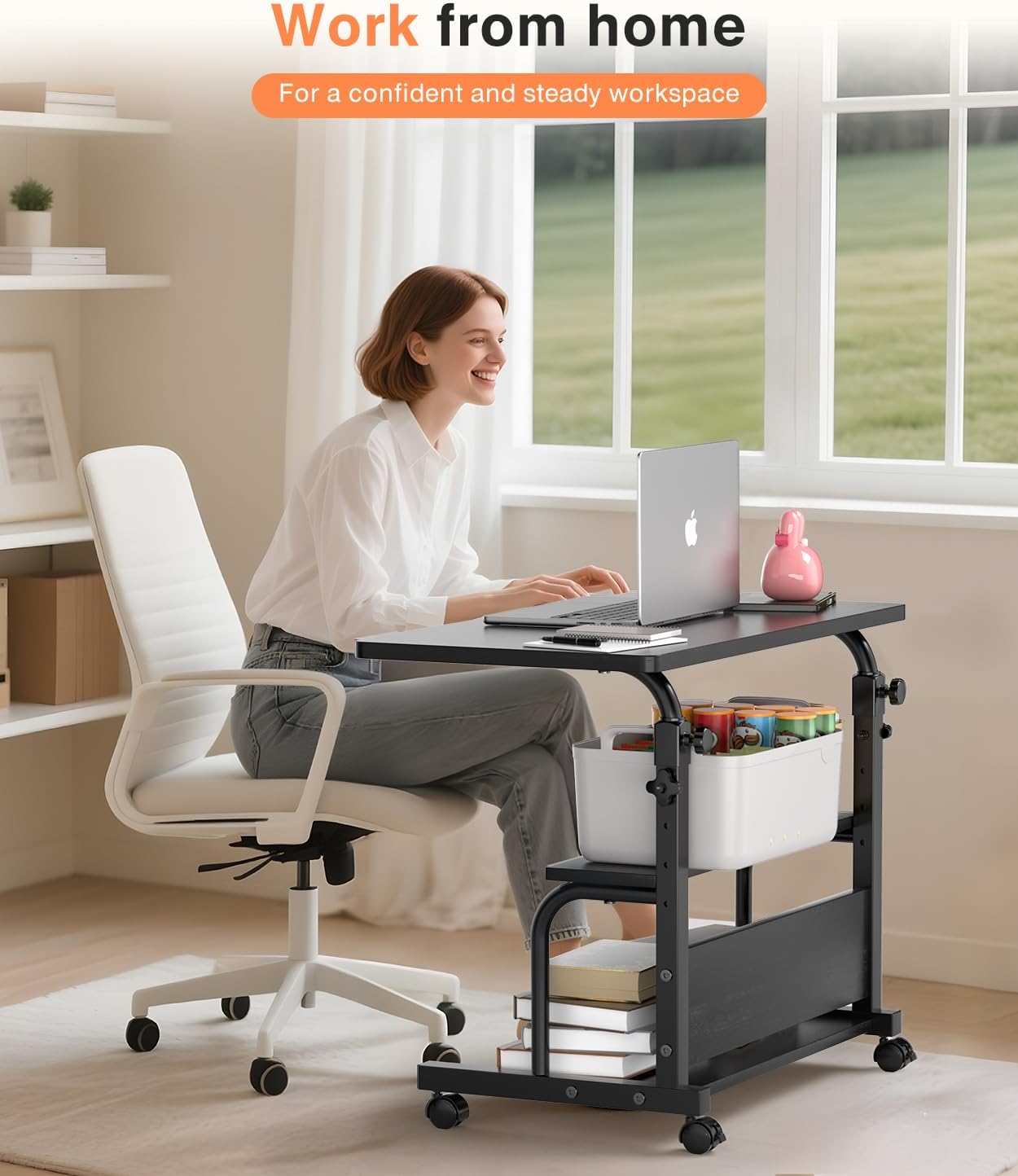 Portable Rolling Desk on Wheels Adjustable Height Desks for Small Spaces, 32" Computer Desk with Storage Shelves for Home Office Black