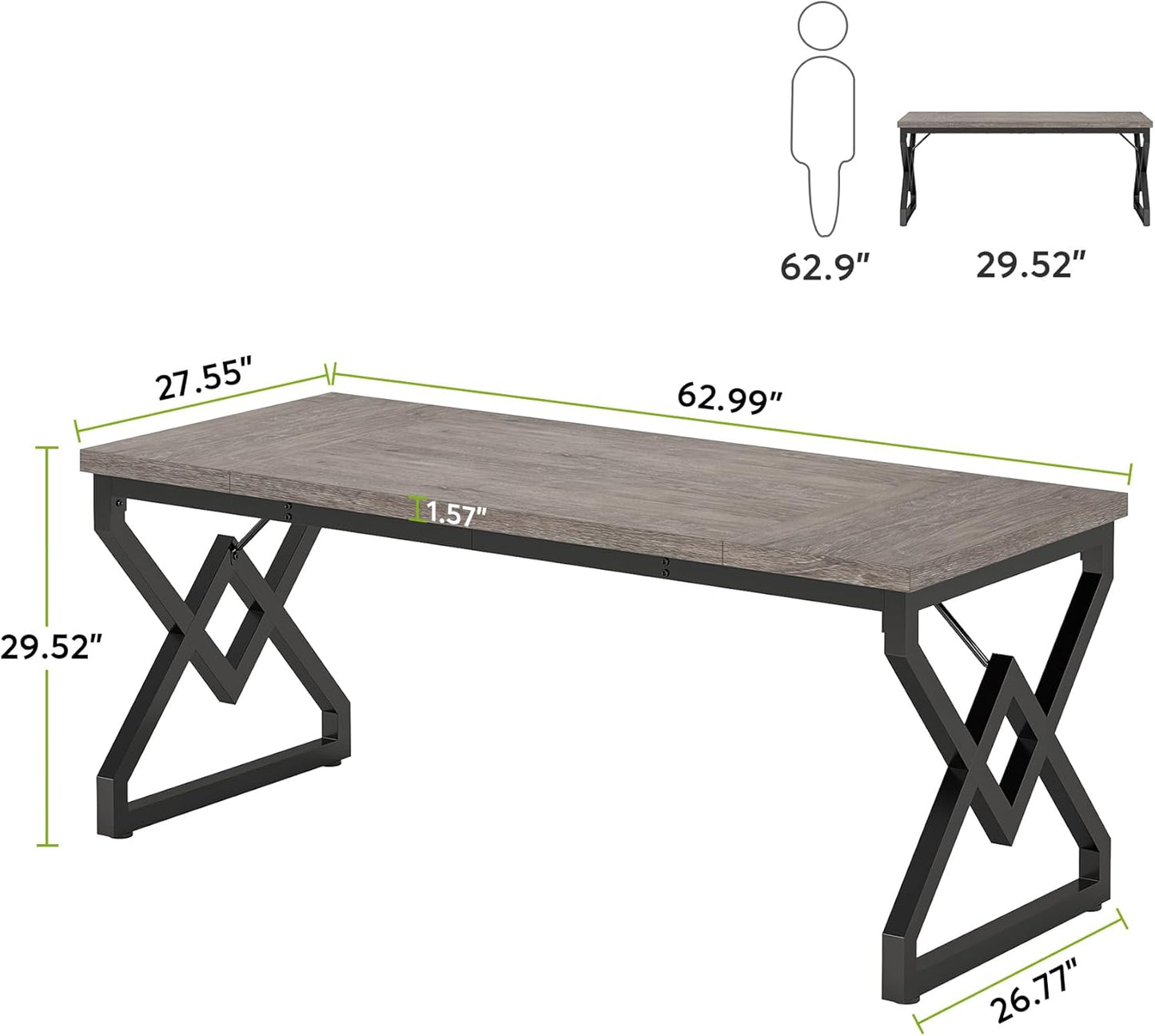 Tribesigns 63 Inch Executive Desk, Large Office Computer Desk with Extra Thick Wooden Tabletop and Metal Frame, Modern Simple Workstation Writing Table Study Desk for Home Office, Gray