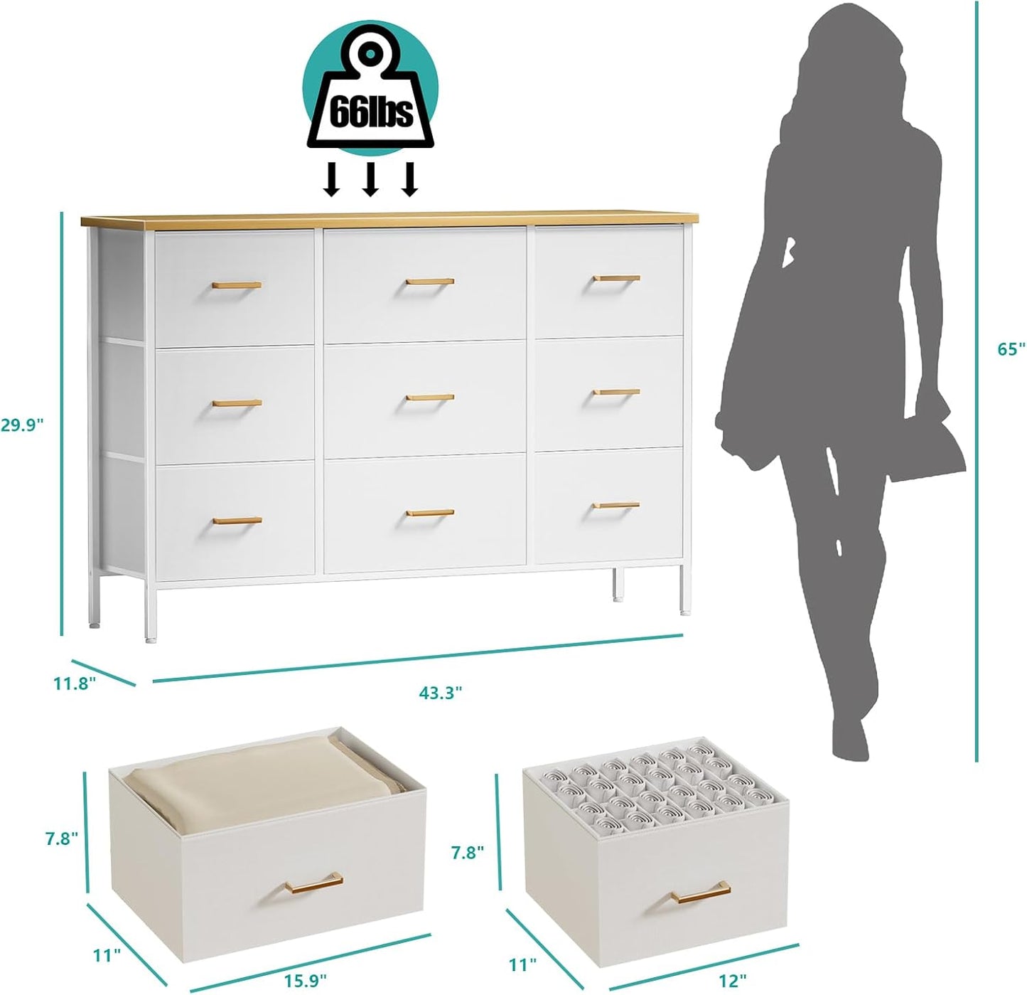 Wide TV Stand Modern TV Console, 9 Drawers Dresser for Bedroom, Fabric Storage Cabinet, Chest of Drawers for Closet, Nursery, Living Room（White）