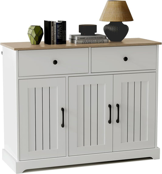 Farmhouse Large Buffet Sideboard Storage Cabinet 42 Inch with Adjustable Shelf, Drawers, and Sliding Barn Doors, Wooden Coffee Bar Kitchen Table for Entryway, Dining Room, and Living Room