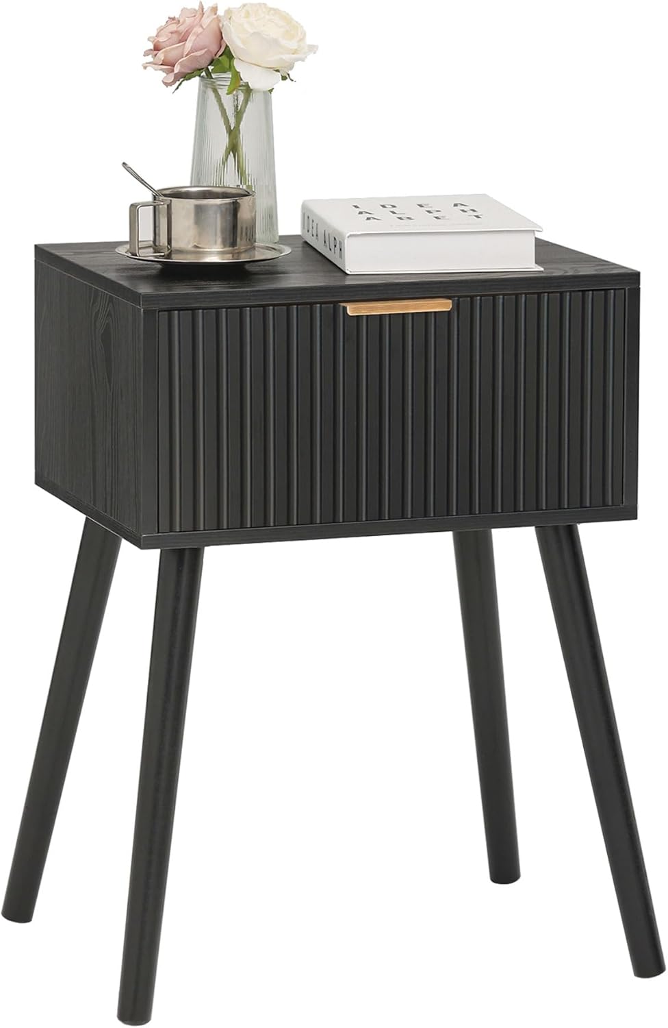 Black Nightstand, Small End Tables Living Room, Accent Bedside Table with Fluted Drawer for Bedroom and Small Space, Black