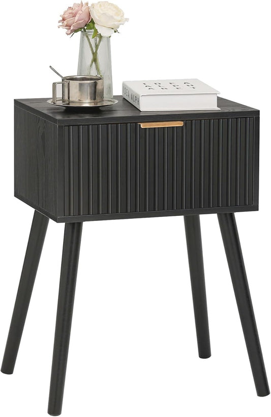 Black Nightstand, Small End Tables Living Room, Accent Bedside Table with Fluted Drawer for Bedroom and Small Space, Black