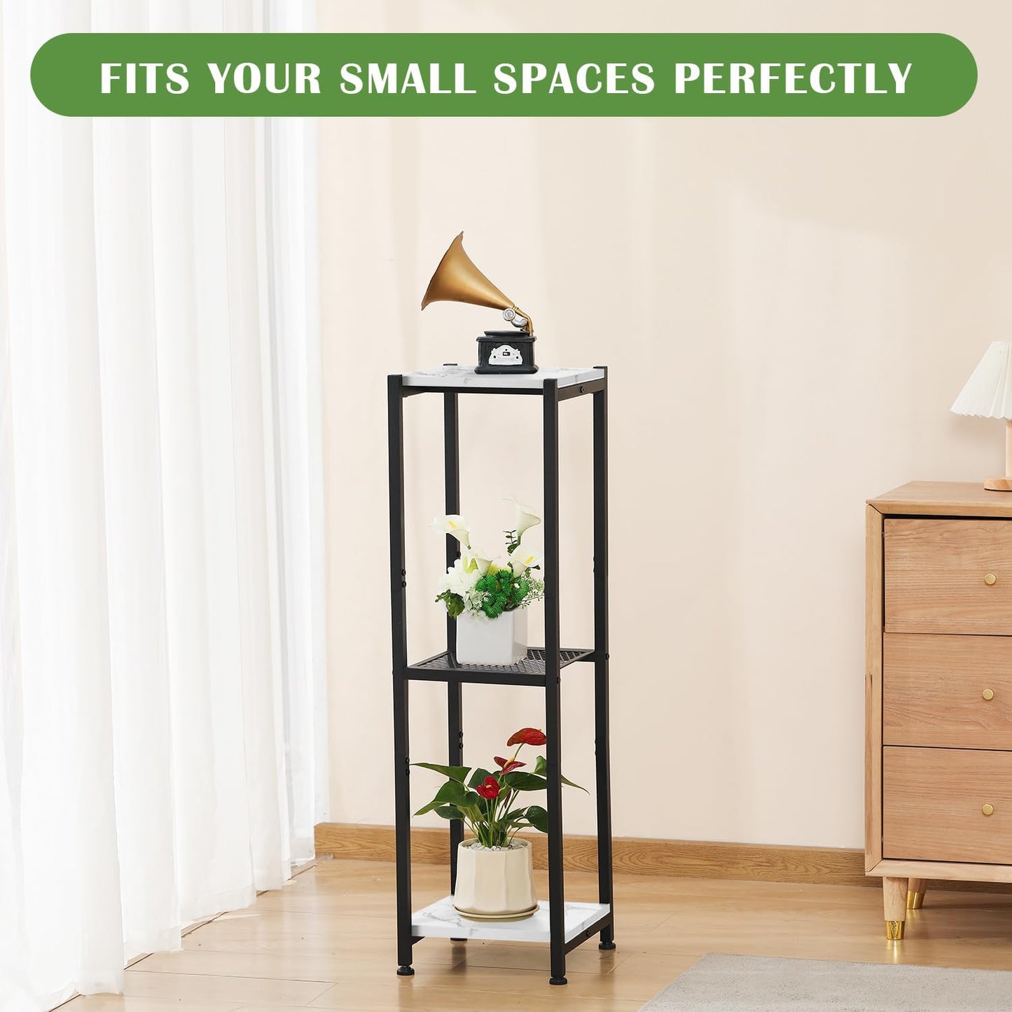 Extra Tall Plant Stand Indoor,40 Inch Plant Stands,3 Tier Metal Plant Stand with Heavy Duty Wood and Metal Mesh Shelf,Marble White and Black