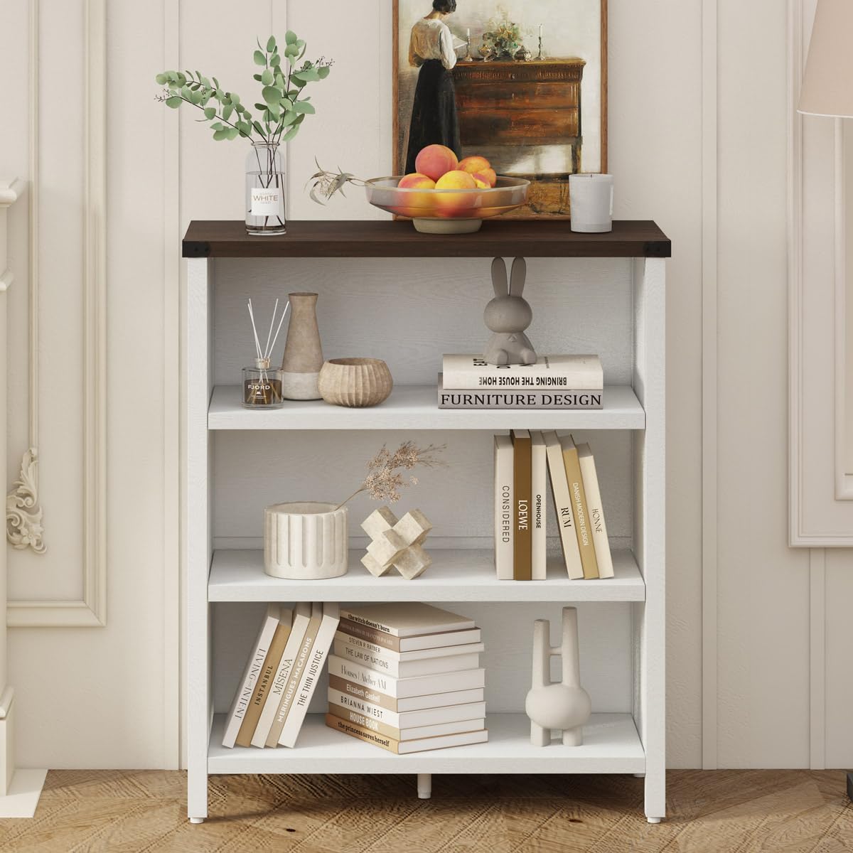 BON AUGURE Small Bookshelf for Small Space, 3 Tier Bookcase, Farmhouse Wood Low Book Case, Short Storage Book Shelf for Home Office, Living Room, Bedroom (White Oak and Walnut Brown)