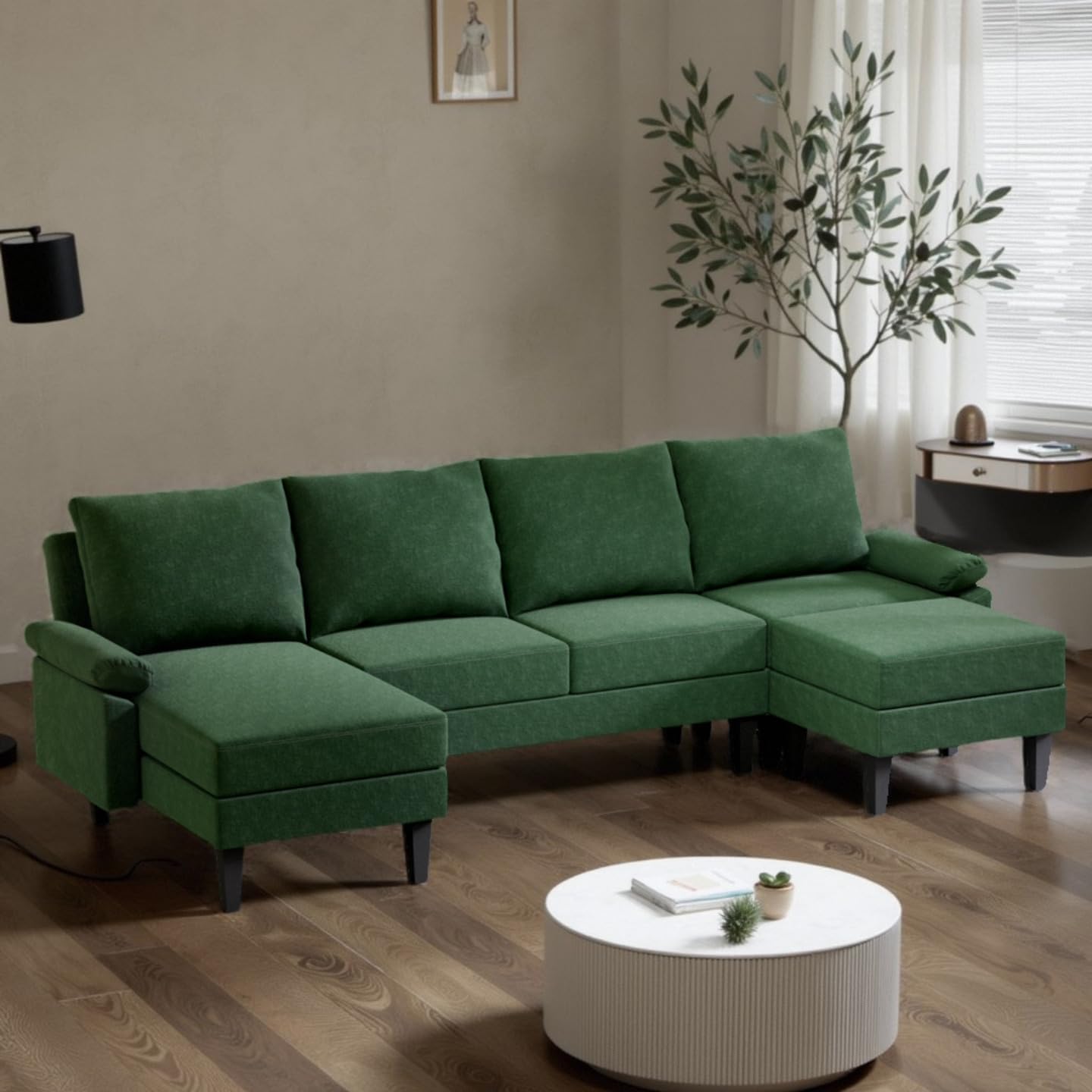 110 Inch U Shaped Sectional Couch with Storage Space, 6-Seat Sofa with Moveable Ottoman, Modern Modular Sofa for Living Room, Apartment, Green