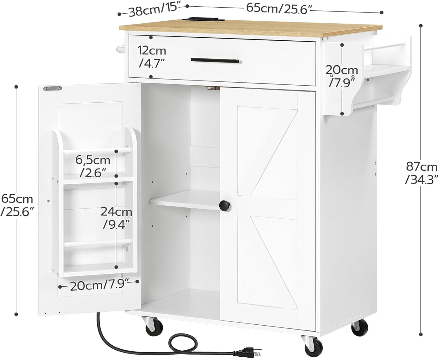 HOOBRO Kitchen Island with Power Outlet, Kitchen Storage Island with Large Worktop, Spice Rack and Drawer, Rolling Island on Wheels, for Dining Room, White and Natural