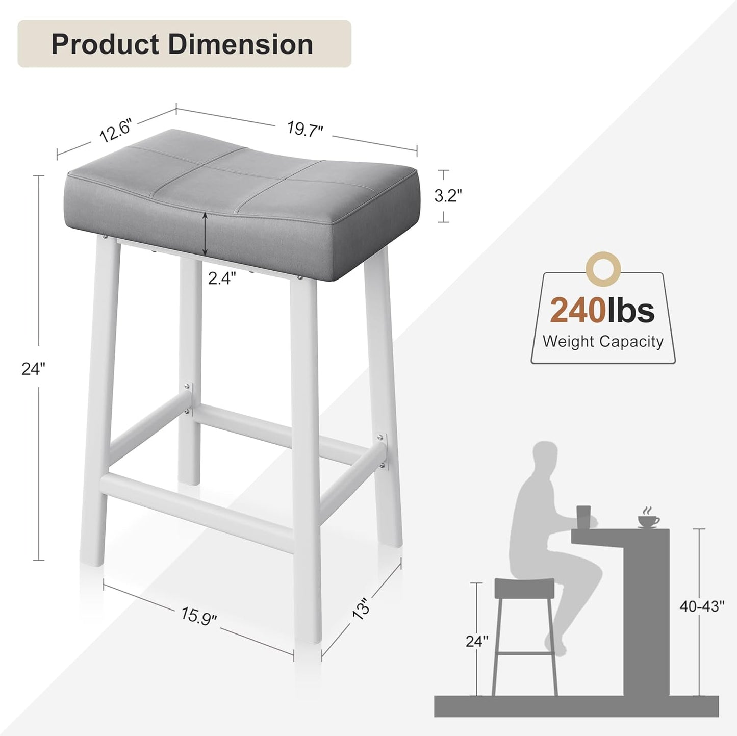 GarveeHome Counter Height Bar Stools Set of 4, 24 Inch Barstools for Kitchen Island Counter, Upholstered Padded Saddle Chairs with Curved Cushion, Easy Assembly, Grey