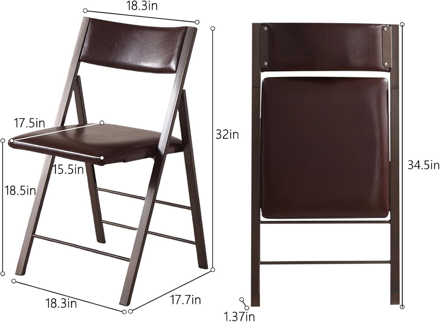 Folding Chairs with Cushion 2 Pack - Heavy Duty Steel Frame Foldable Dining Chairs, Waterproof Leather Indoor Outdoor Comfortable Folding Chairs for Home, Conference Rooms, Weddings, Events (Brown)