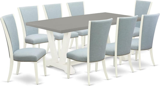 East West Furniture V097VE215-9 9 Piece Dining Set Includes a Rectangle Dining Room Table with V-Legs and 8 Baby Blue Linen Fabric Upholstered Parson Chairs, 40x72 Inch, Multi-Color