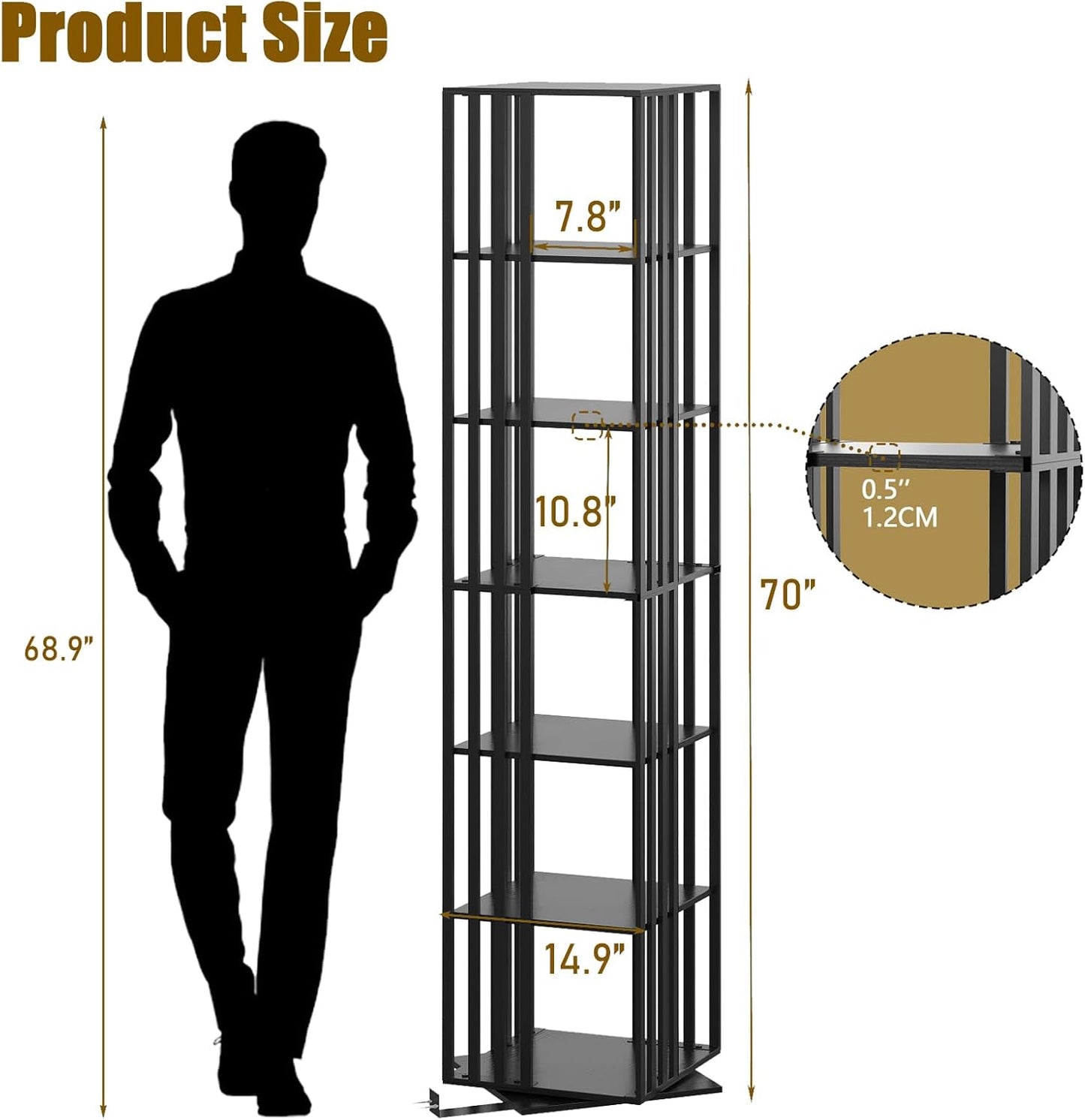 6 Tier Rotating Bookshelf, 360° Spinning Narrow Bookcase Tower, Space Saving Floor Standing Wood Shelf & CD Organizer for Small Spaces, Bedroom, Living Room, Office (Black, 6-Tier)