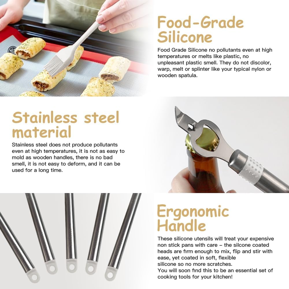 Kitchen Utensil Set-Silicone Cooking Utensils-33 Kitchen Gadgets & Spoons for Nonstick Cookware-Silicone and Stainless Steel Spatula Set-Best Kitchen Tools, Useful Pots (Cream White)