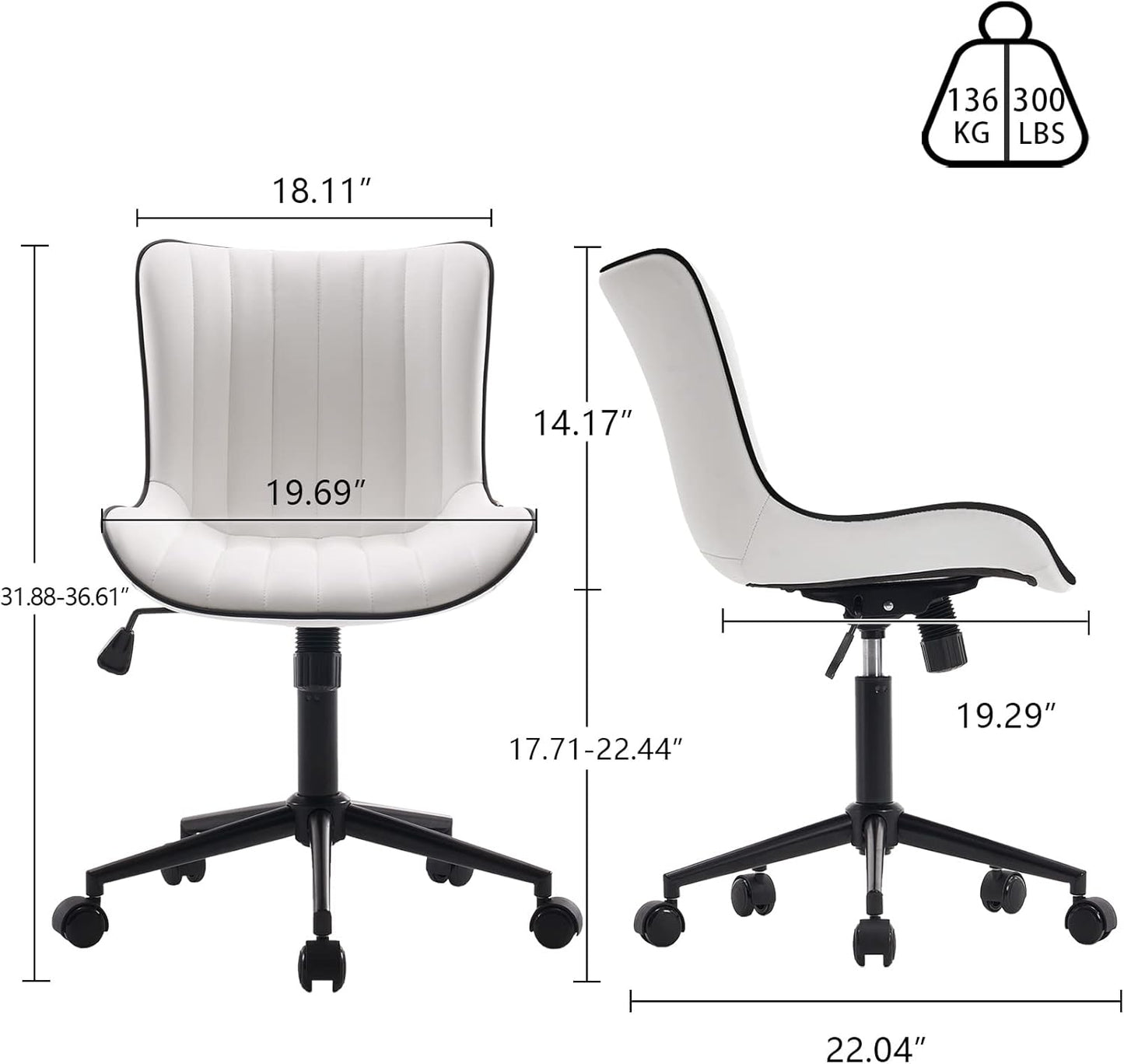 YOUNIKE Ergonomic Home Office Desk Chair with Wheels White Comfy Armless Vanity Chair with Back Modern Faux Leather Upholstered Task Chair Small Cute Rolling Drafting Chair No Arms Adjustable Swivel