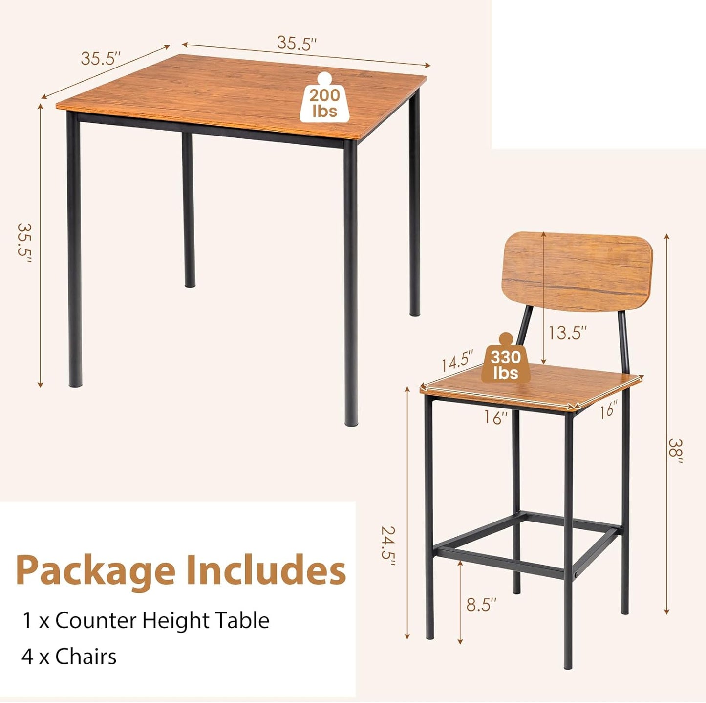 Tangkula Counter Height Dining Table Set, Bar Table and Chairs, Pub Table and Chairs Set of 4, Space-Saving Dinette Set for Breakfast Nook