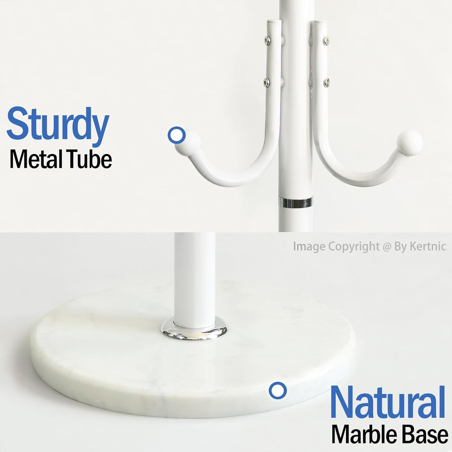 Kertnic Modern Coat Rack Freestanding with Natural Marble Base & Sturdy Metal Frame, 11 Hooks Hall Tree for Jackets, Hats, Bags, Entryway Organizer for Bedroom, Living Room, Closet (White)