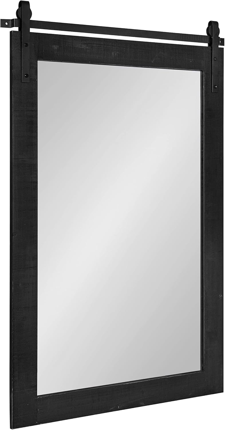 Kate and Laurel Cates Rustic Wall Mirror; 24 x 38; Black; Distressed Farmhouse Wall Decor with Rolling Barn Door Design