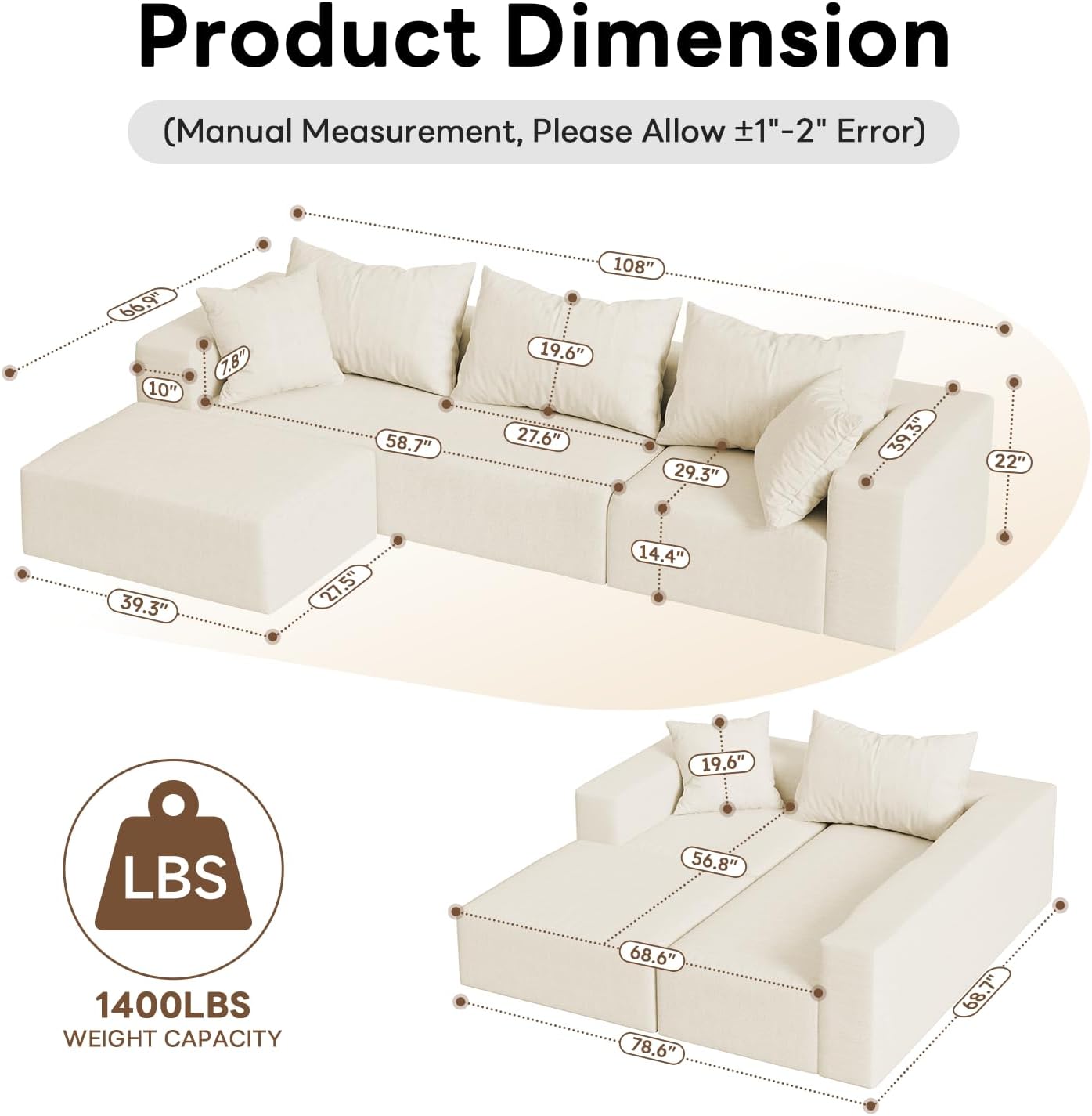 Vamcheer Modular Sectional Sofa with Chaise, Modern L Shaped Cloud Couch with Deep Seat, Sectional Couches for Living Room, Bedroom, Office, No Assembly Required, Cream