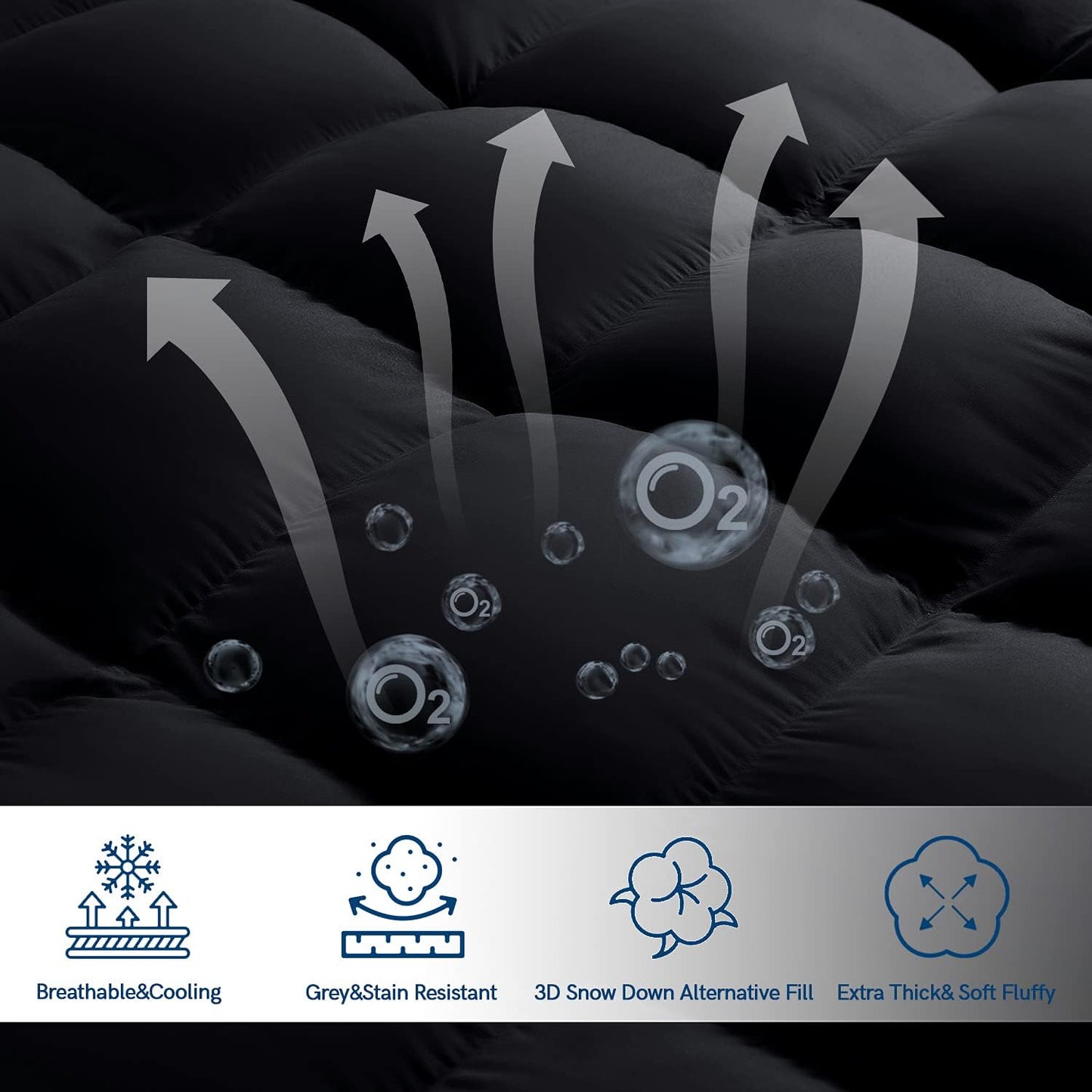 ELEMUSE Full Black Mattress Topper for Back Pain, Extra Thick Mattress Pad Cover, Plush Soft Pillowtop with Elastic Deep Pocket, Overfilled Down Alternative Filling