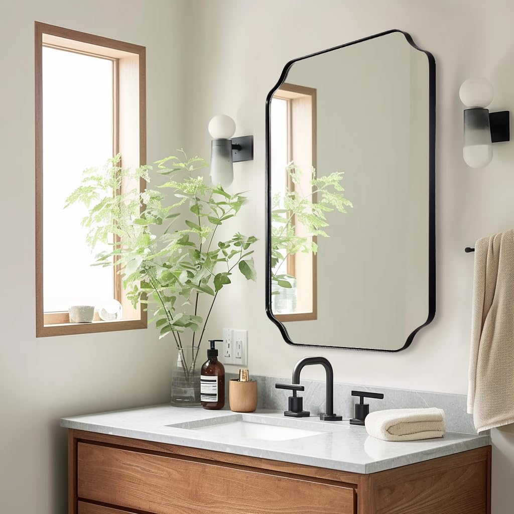 ANDY STAR Bathroom Vanity Mirror, 24x36 Inch Matte Black Mirror, Modern Rectangle Mirrors for Bathroom, Asymmetrical Wall Mirror with Scalloped Round Corner