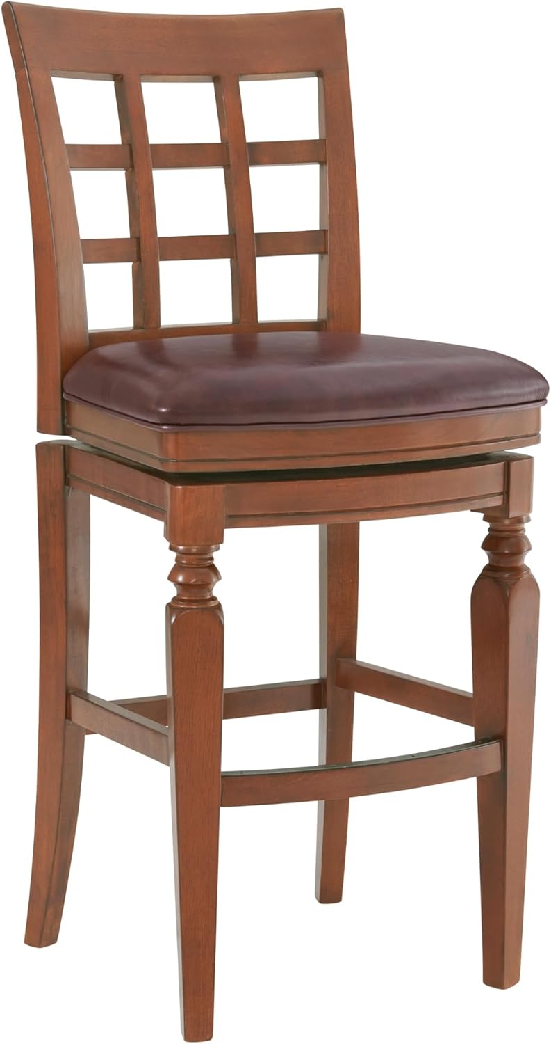 Alaterre Furniture Napa Bar Height Swivel Stool with Back – Faux Leather Upholstered Seat Barstool with Memory Return, Turned Wood Legs, Lattice Back Design, and Metal Kick Plate for Kitchen Islands